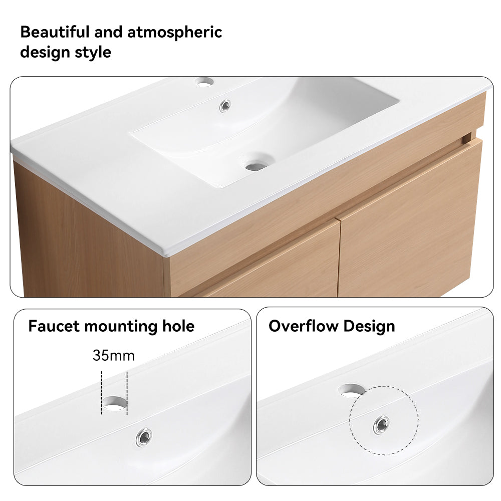 Wall Mounted Bathroom Vanity with Two Soft Close Cabinet Doors with White Ceramic Basin