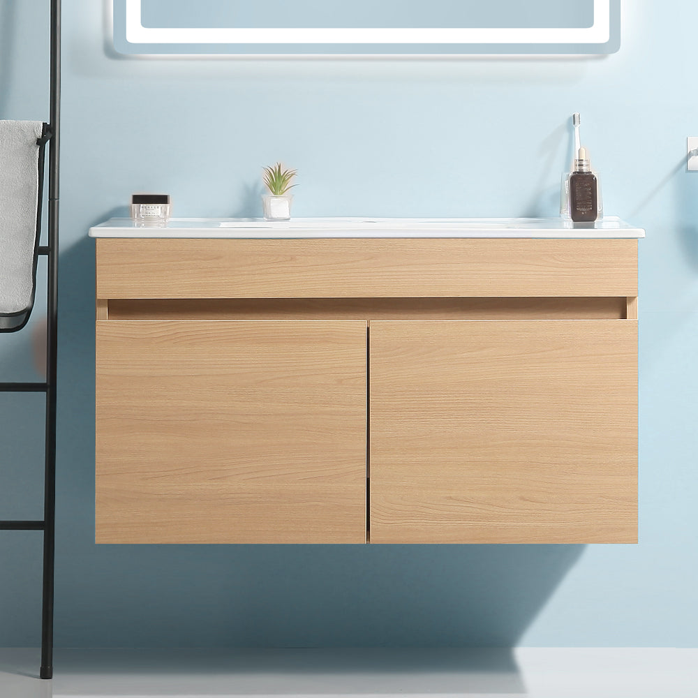 Wall Mounted Bathroom Vanity with Two Soft Close Cabinet Doors with White Ceramic Basin