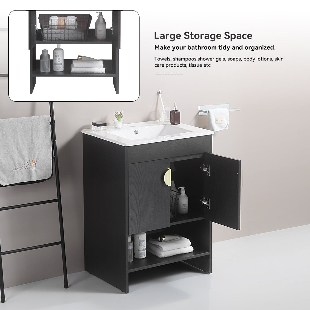 24 Inch Freestanding Bathroom Vanity with Two Cabinet Doors with White Ceramic Basin