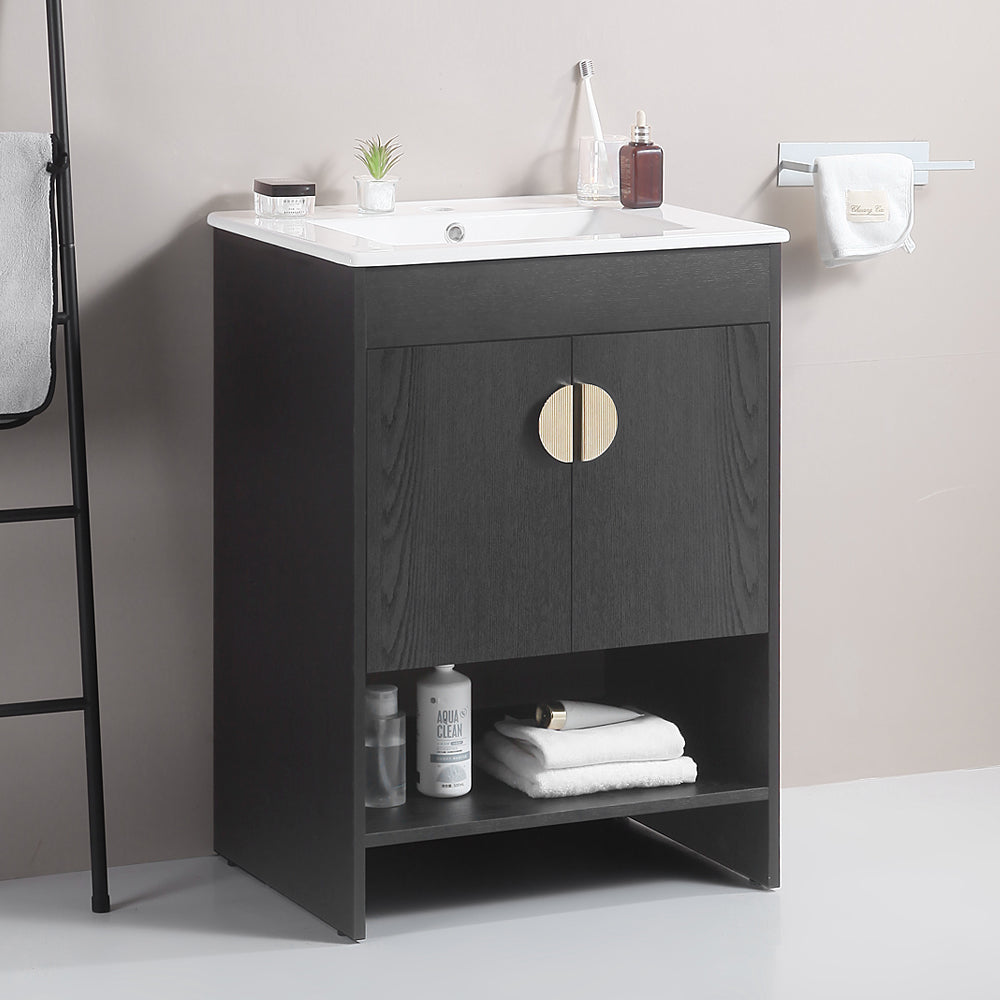 24 Inch Freestanding Bathroom Vanity with Two Cabinet Doors with White Ceramic Basin