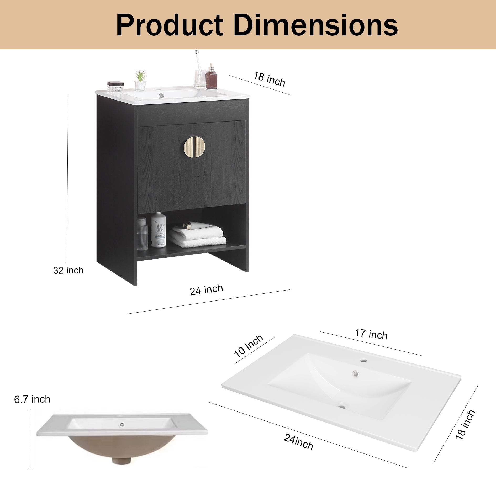 24 Inch Freestanding Bathroom Vanity with Two Cabinet Doors with White Ceramic Basin