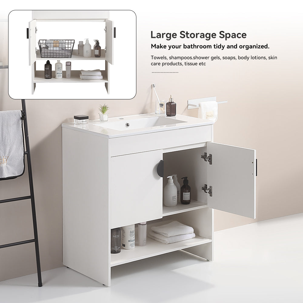 24" Freestanding Bathroom Vanity with Two Cabinet Doors with White Ceramic Basin
