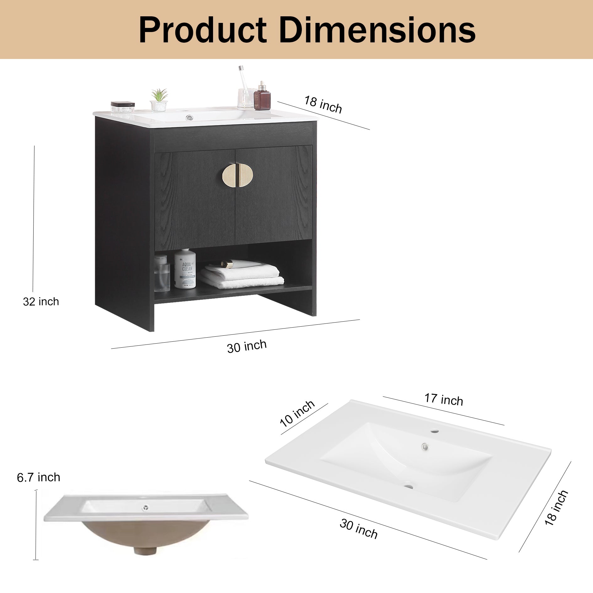 30" Freestanding Bathroom Vanity with Two Cabinet Doors with White Ceramic Basin