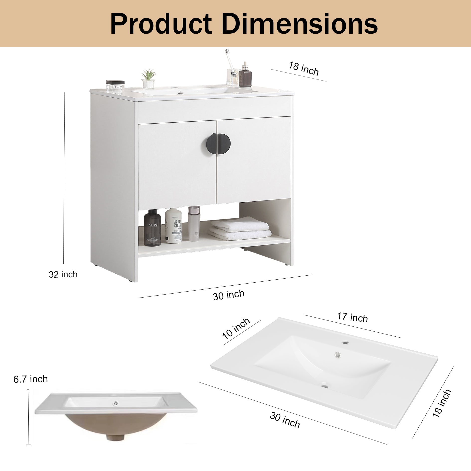 30" Freestanding Bathroom Vanity with Two Cabinet Doors with White Ceramic Basin