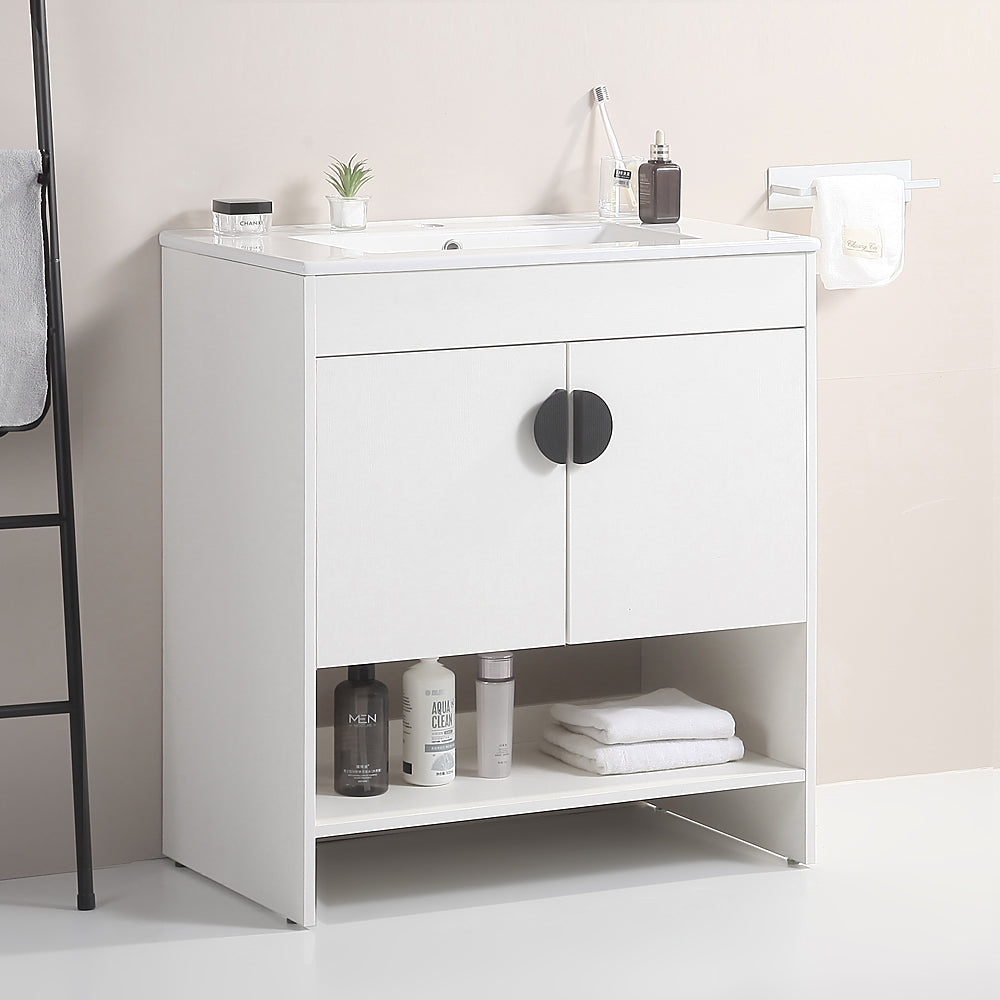 30" Freestanding Bathroom Vanity with Two Cabinet Doors with White Ceramic Basin