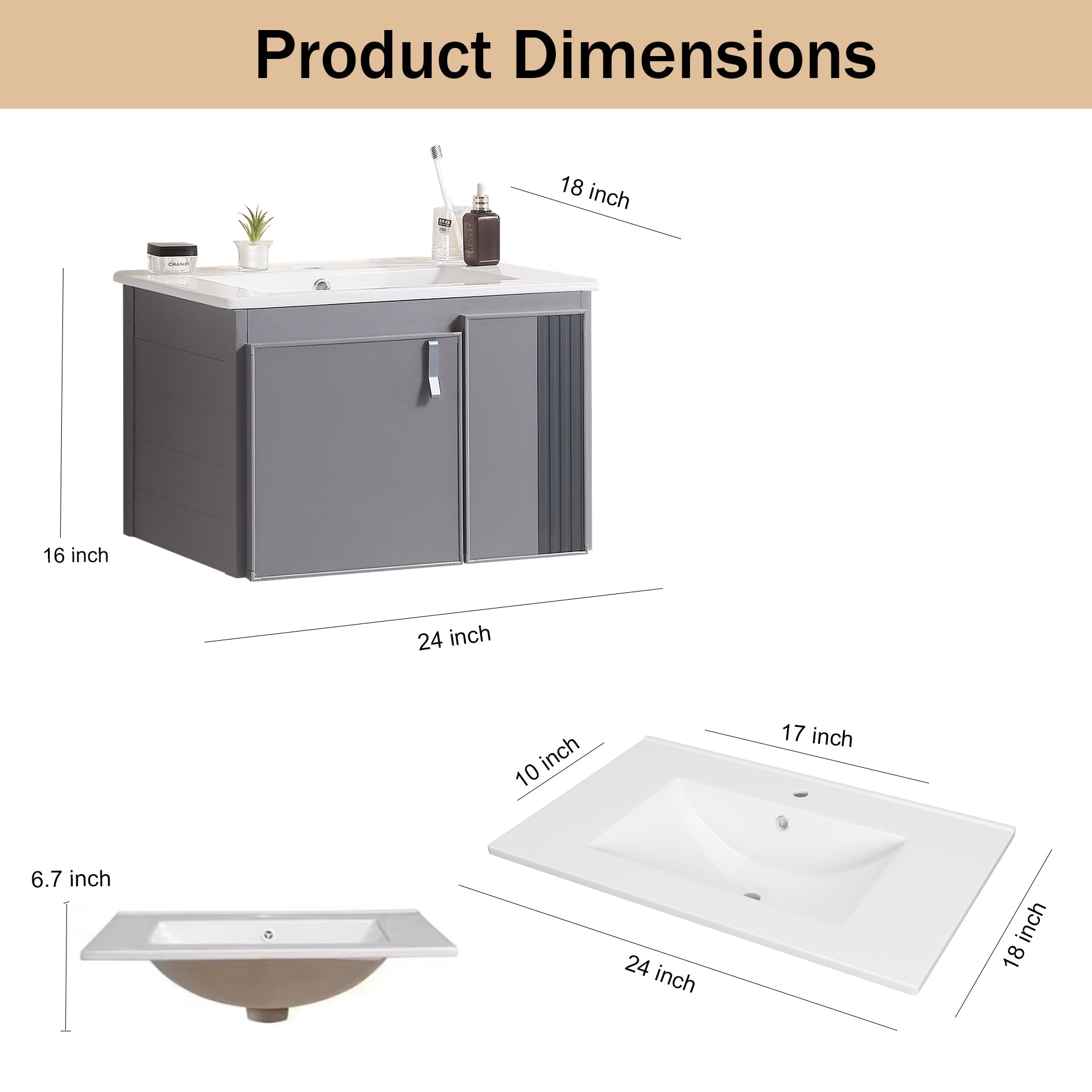 24 Inch  Aluminum Wall Mounted Bathroom Vanity with Soft Close Cabinet Doors with White sink