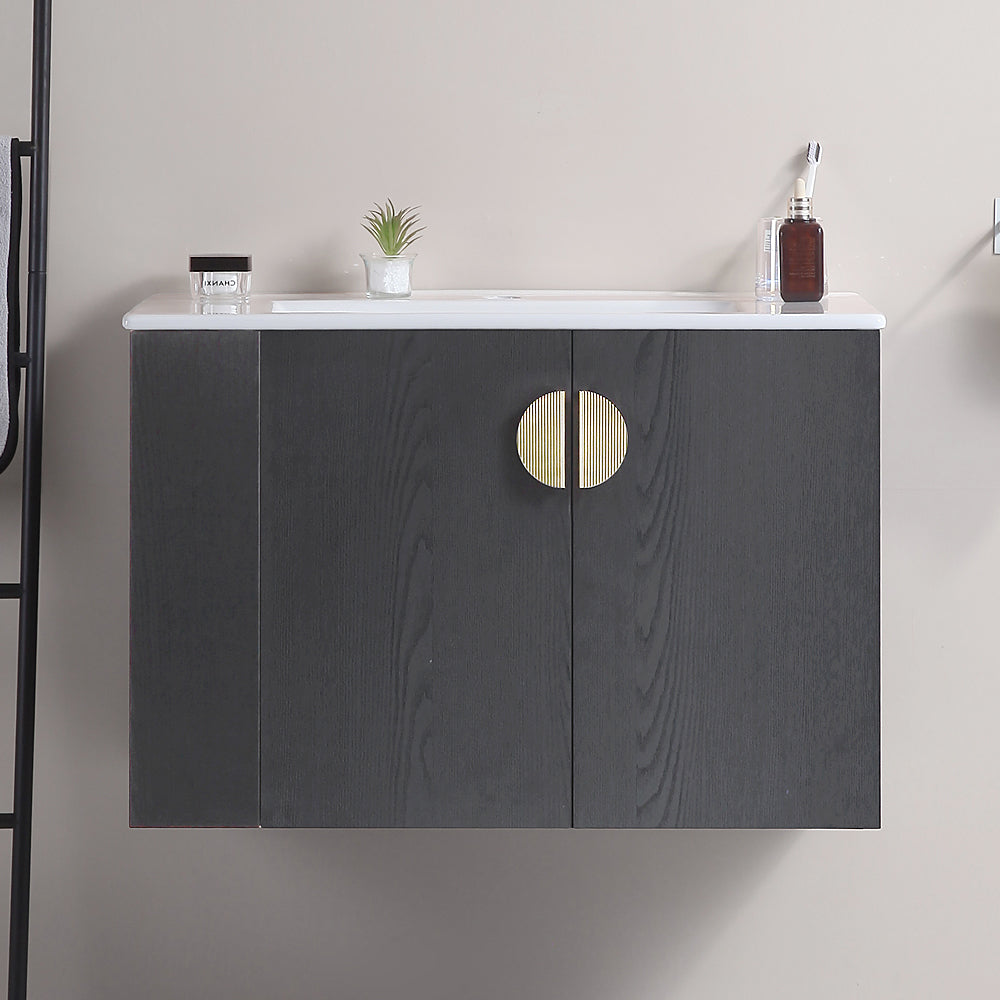 30"Wall Mounted Bathroom Vanity Set with Side left Open Storage Shelf with Ceramic Sink