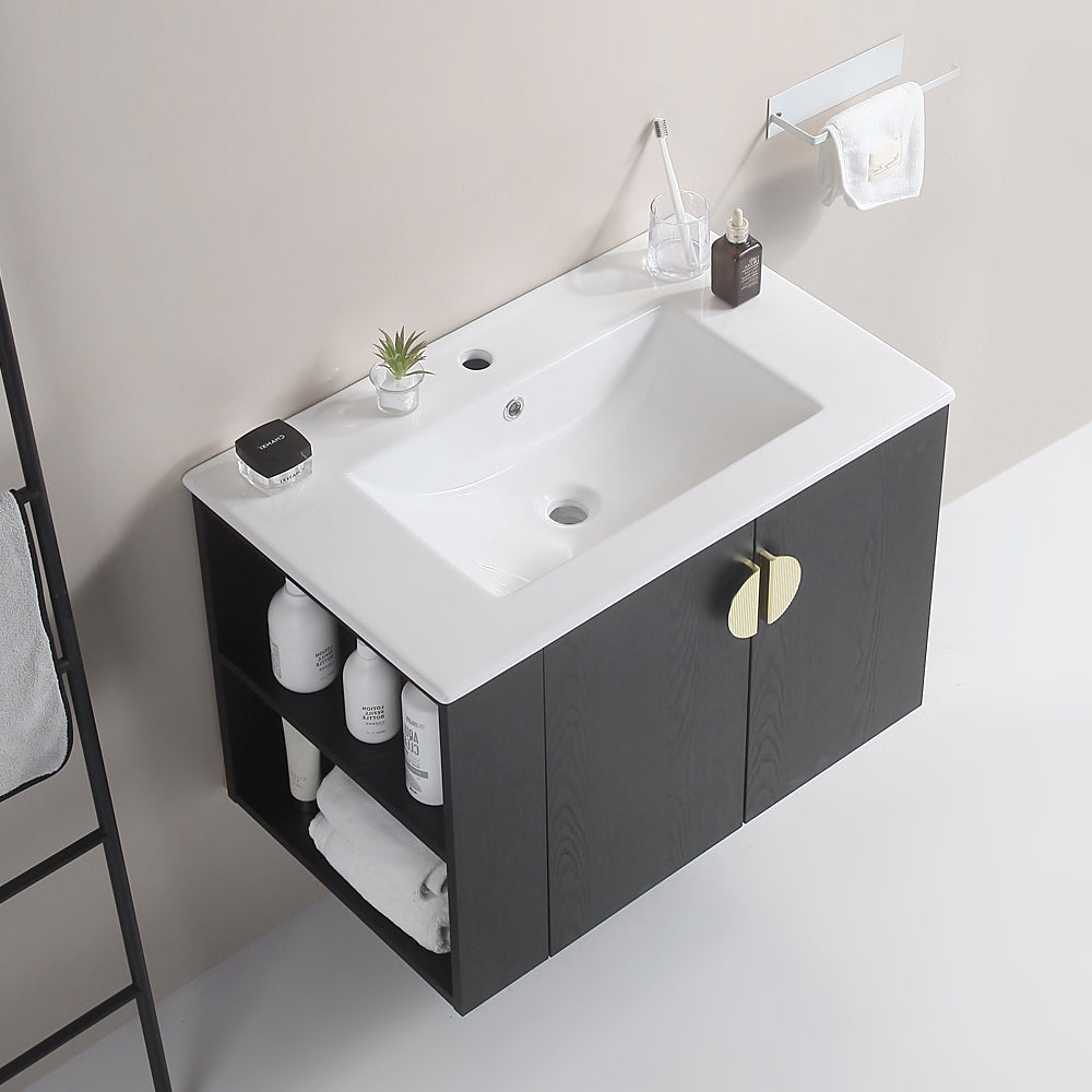 30"Wall Mounted Bathroom Vanity Set with Side left Open Storage Shelf with Ceramic Sink