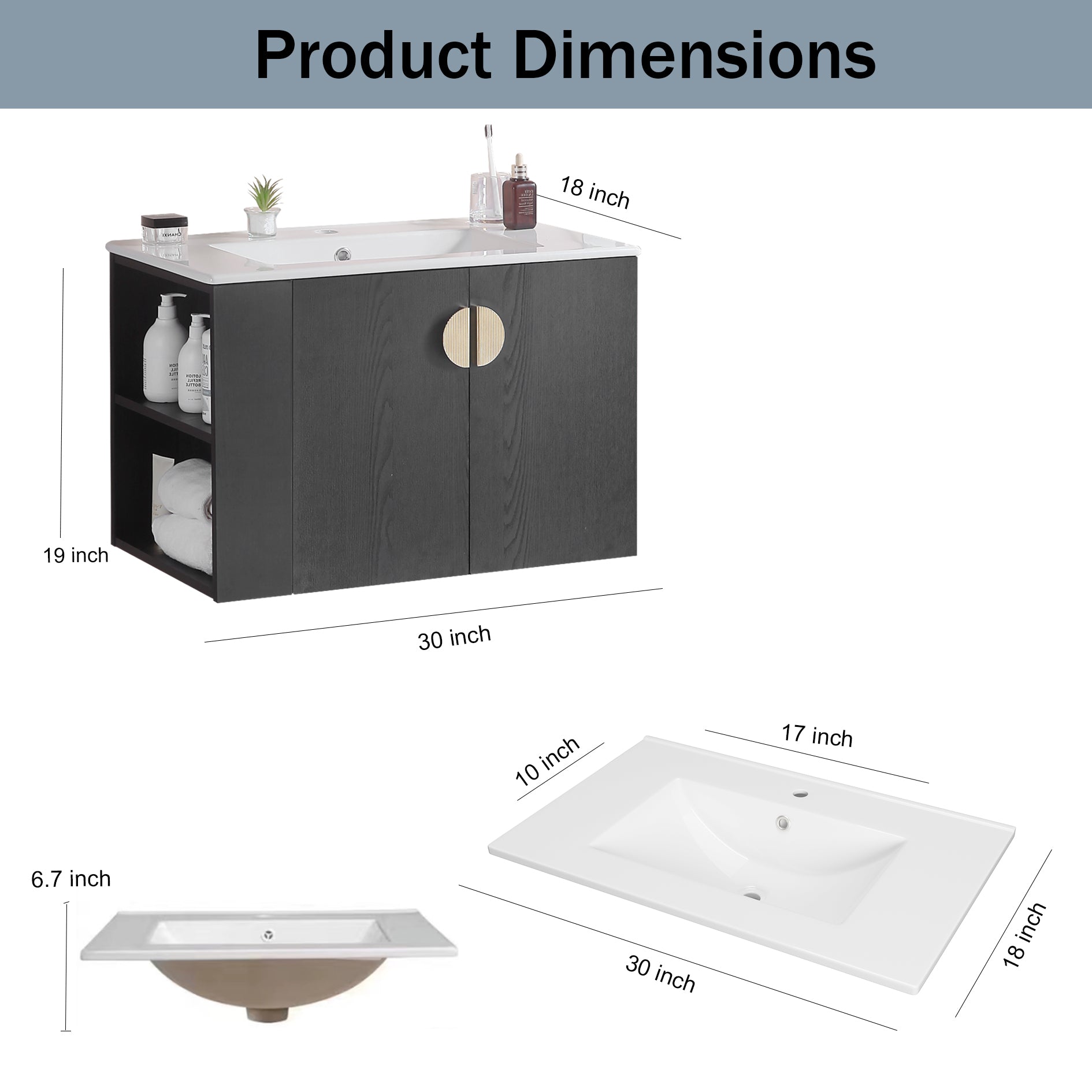 30"Wall Mounted Bathroom Vanity Set with Side left Open Storage Shelf with Ceramic Sink