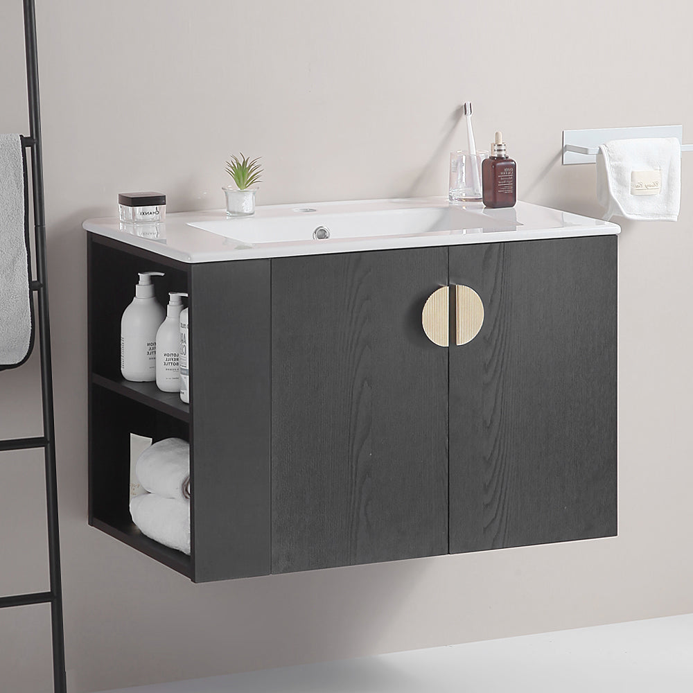 30"Wall Mounted Bathroom Vanity Set with Side left Open Storage Shelf with Ceramic Sink