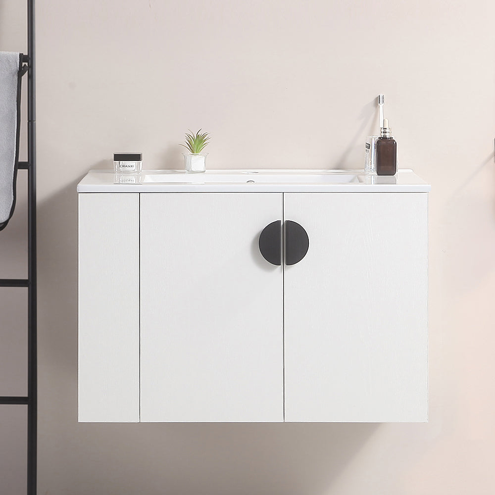 30"Wall Mounted Bathroom Vanity Set with Side left Open Storage Shelf with Ceramic Sink