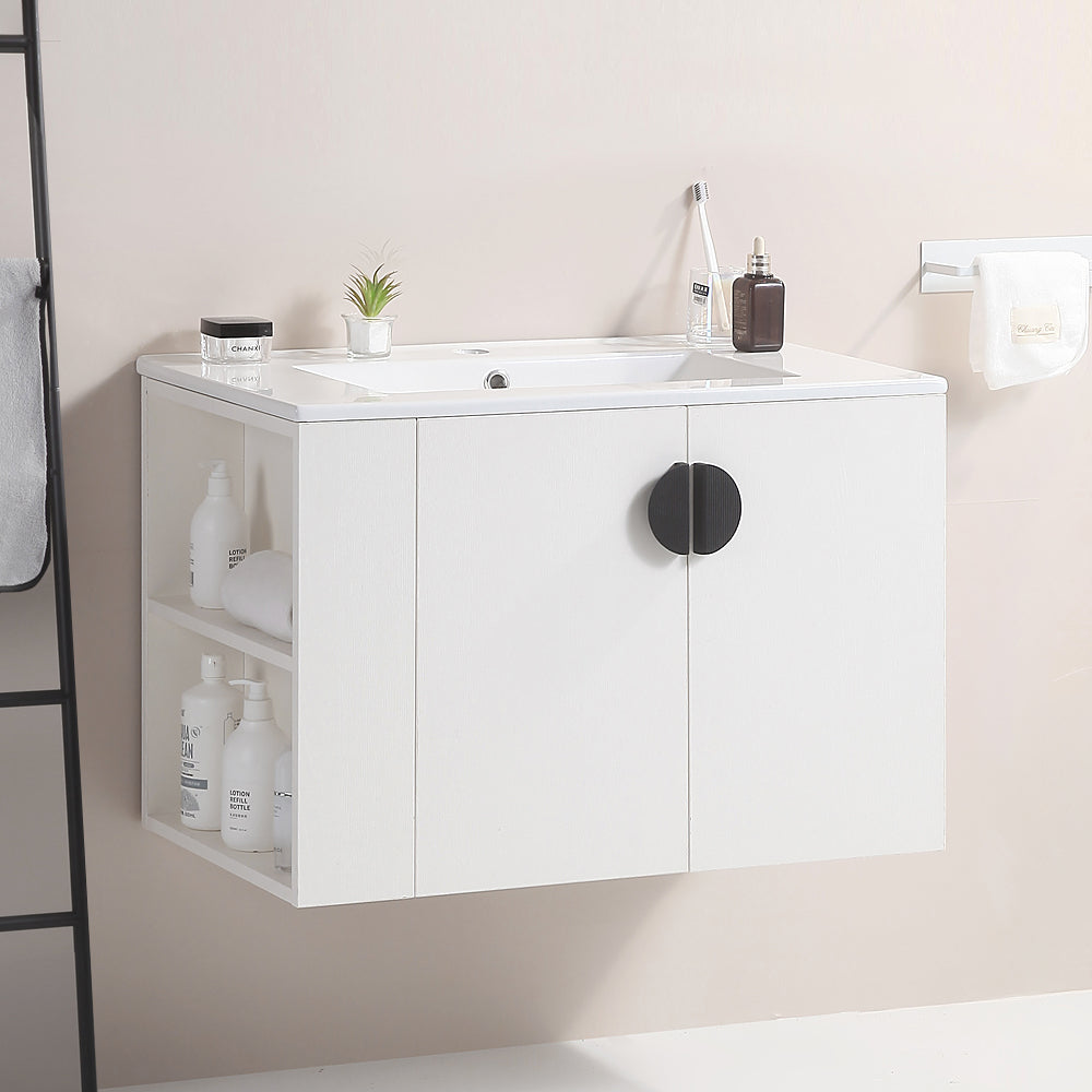 30"Wall Mounted Bathroom Vanity Set with Side left Open Storage Shelf with Ceramic Sink