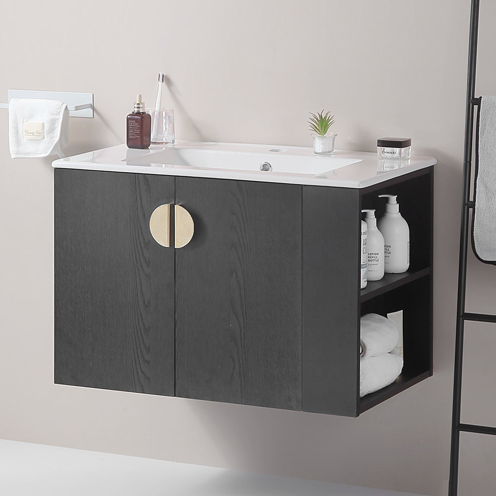 30" Wall Mounted Bathroom Vanity with Side Right Open Storage Shelf with Ceramic Sink