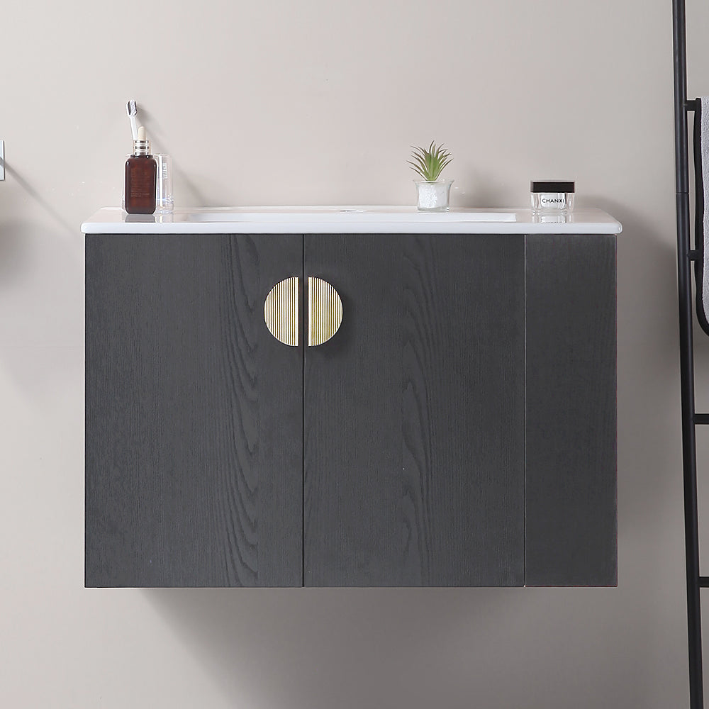 30" Wall Mounted Bathroom Vanity with Side Right Open Storage Shelf with Ceramic Sink