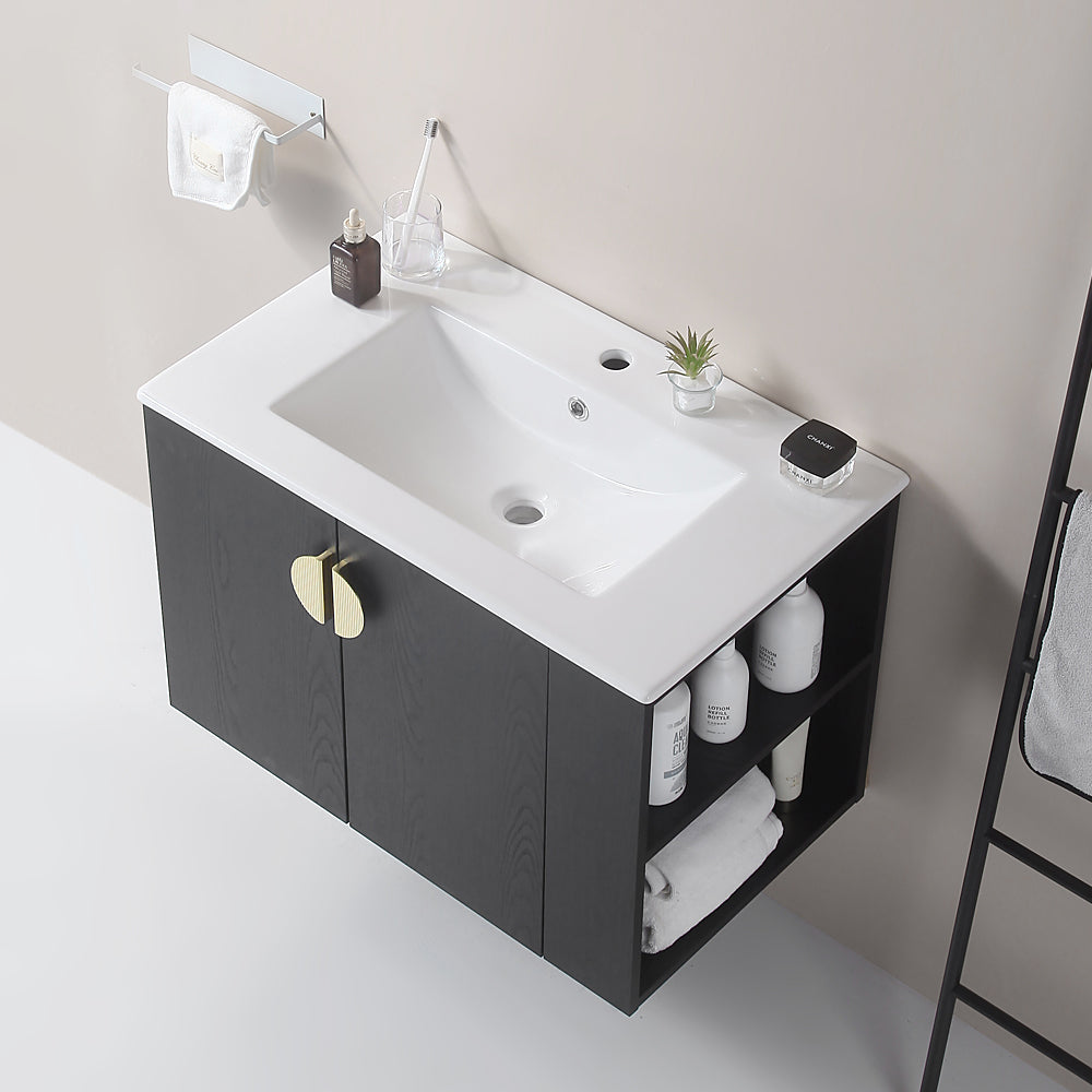 30" Wall Mounted Bathroom Vanity with Side Right Open Storage Shelf with Ceramic Sink