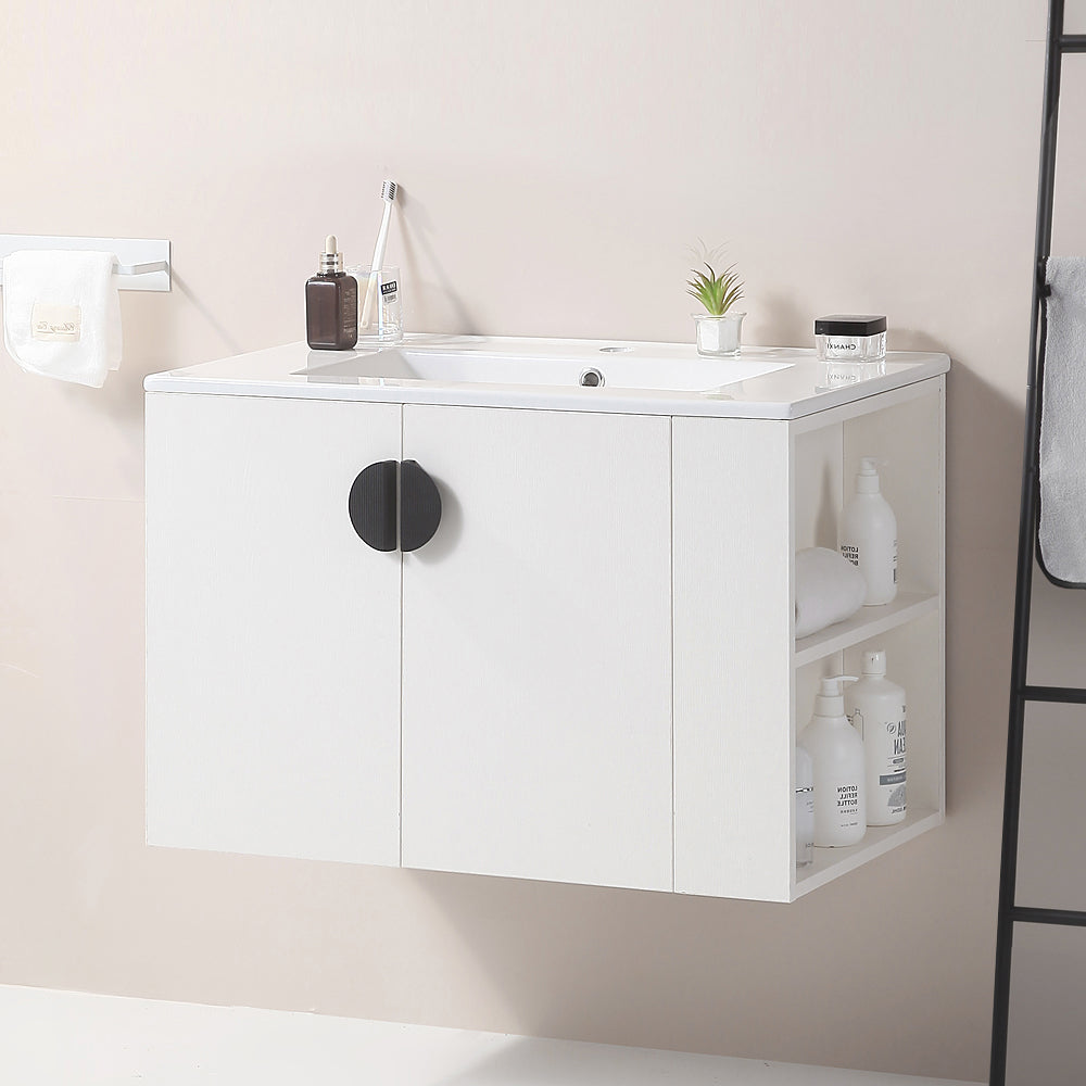 30" wall mounted Bathroom Vanity with Side Right Open Storage Shelf with Ceramic Sink