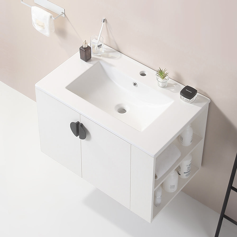 30" wall mounted Bathroom Vanity with Side Right Open Storage Shelf with Ceramic Sink