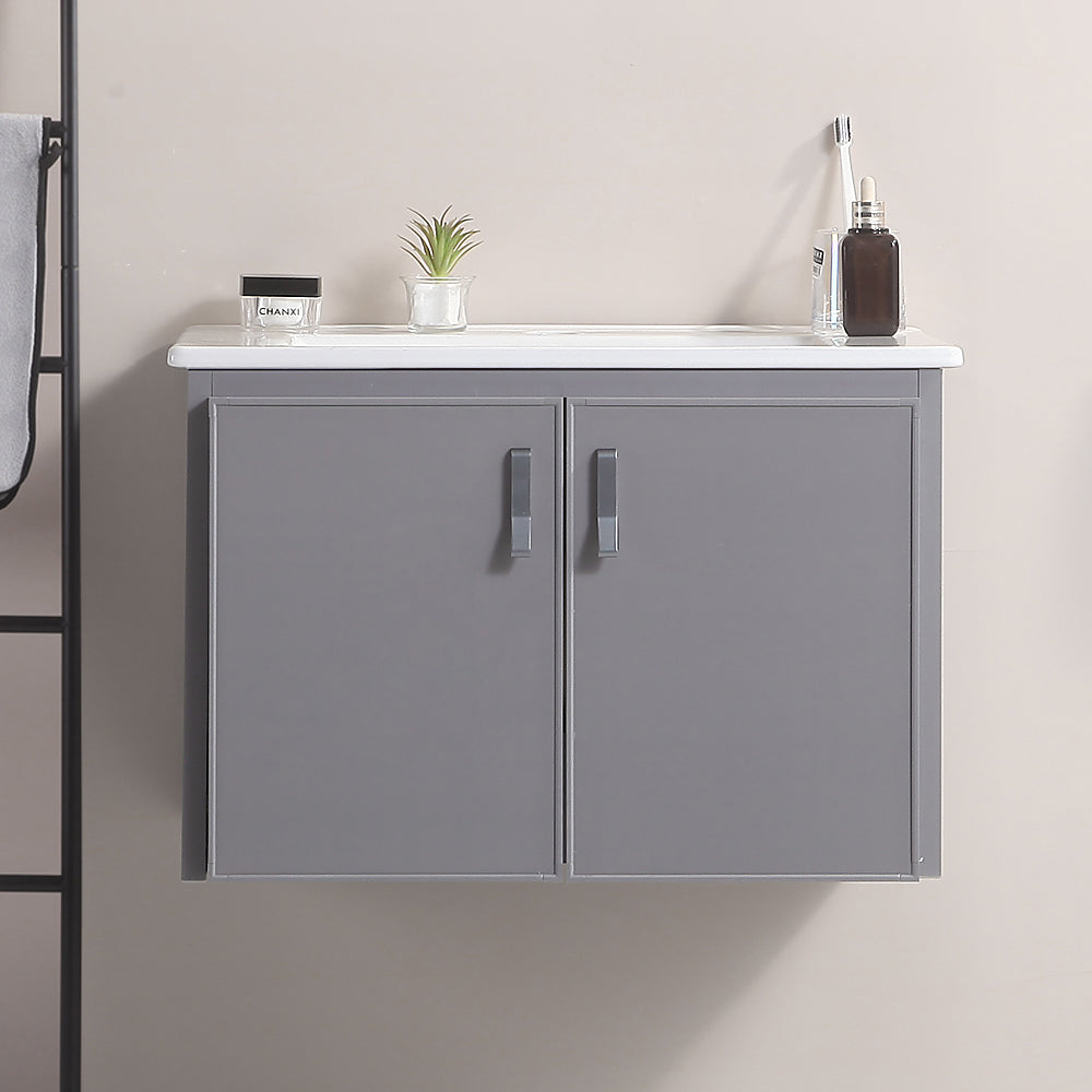 24 Inch Metal Wall Mounted Bathroom Vanity with Soft Close Doors with Ceramic Sink