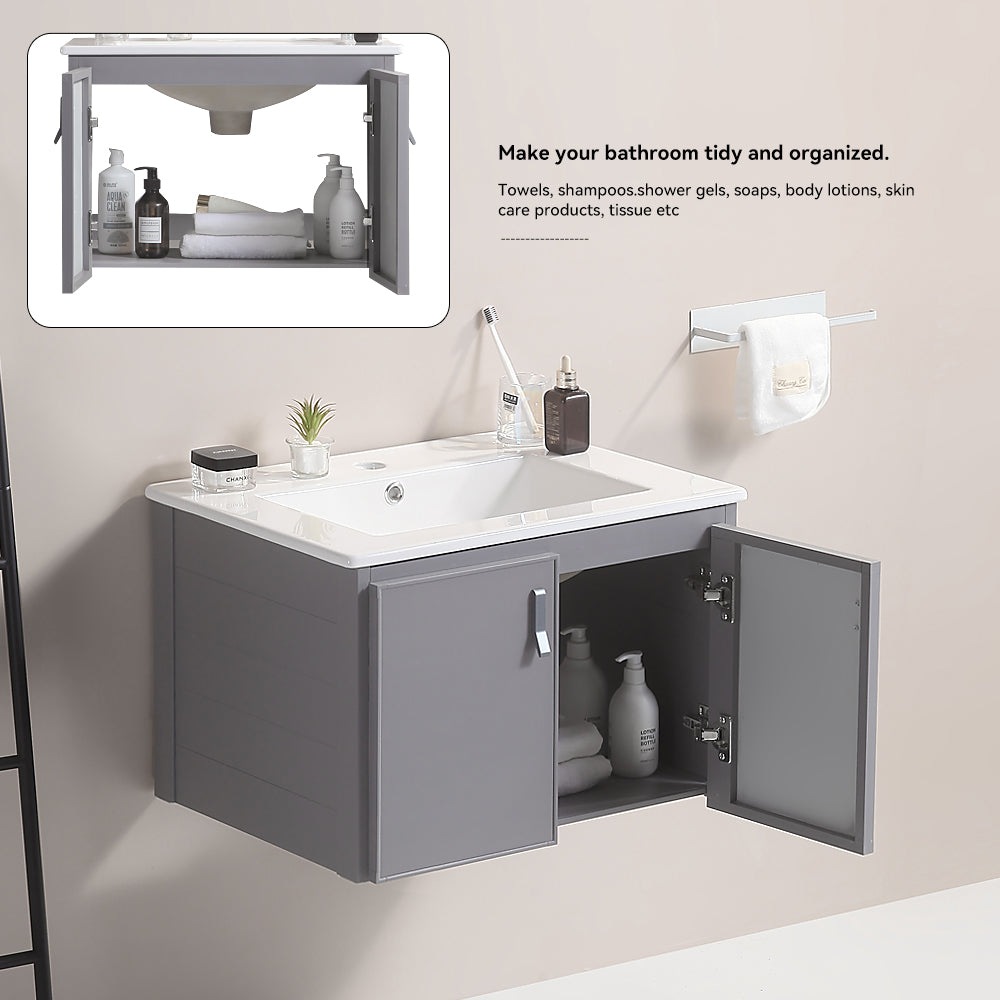 24 Inch Metal Wall Mounted Bathroom Vanity with Soft Close Doors with Ceramic Sink