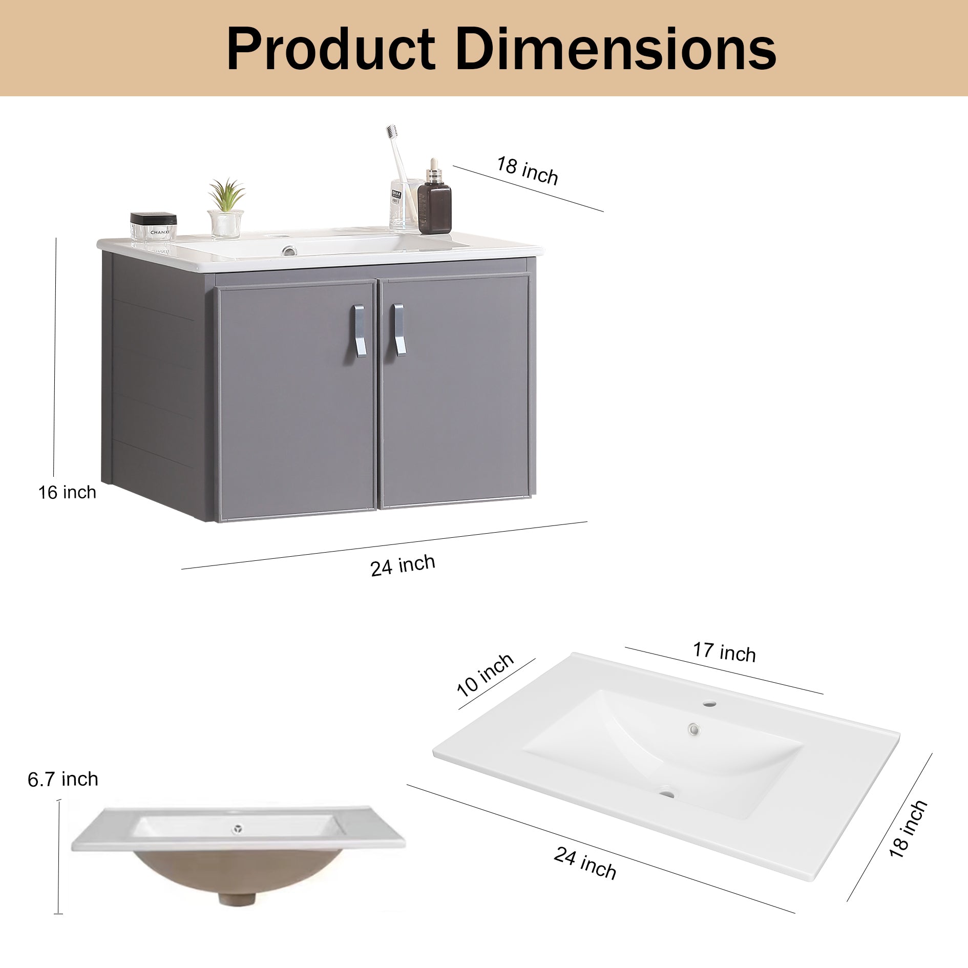 24 Inch Metal Wall Mounted Bathroom Vanity with Soft Close Doors with Ceramic Sink
