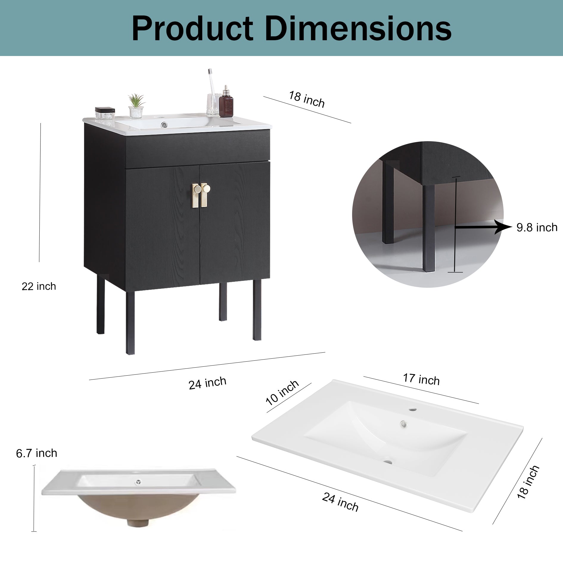 24" Bathroom Vanity with Two Soft Close Cabinet Doors with White Ceramic Basin