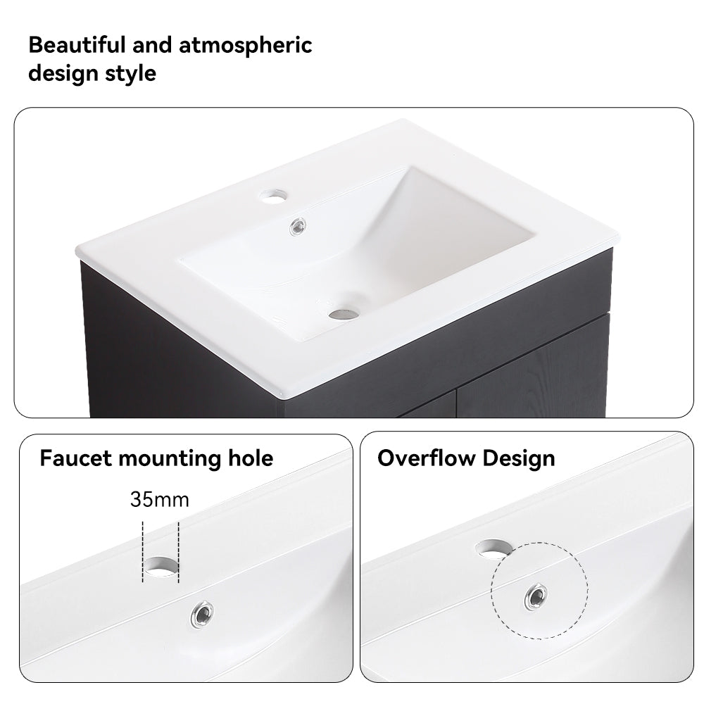 24" Bathroom Vanity with Two Soft Close Cabinet Doors with White Ceramic Basin