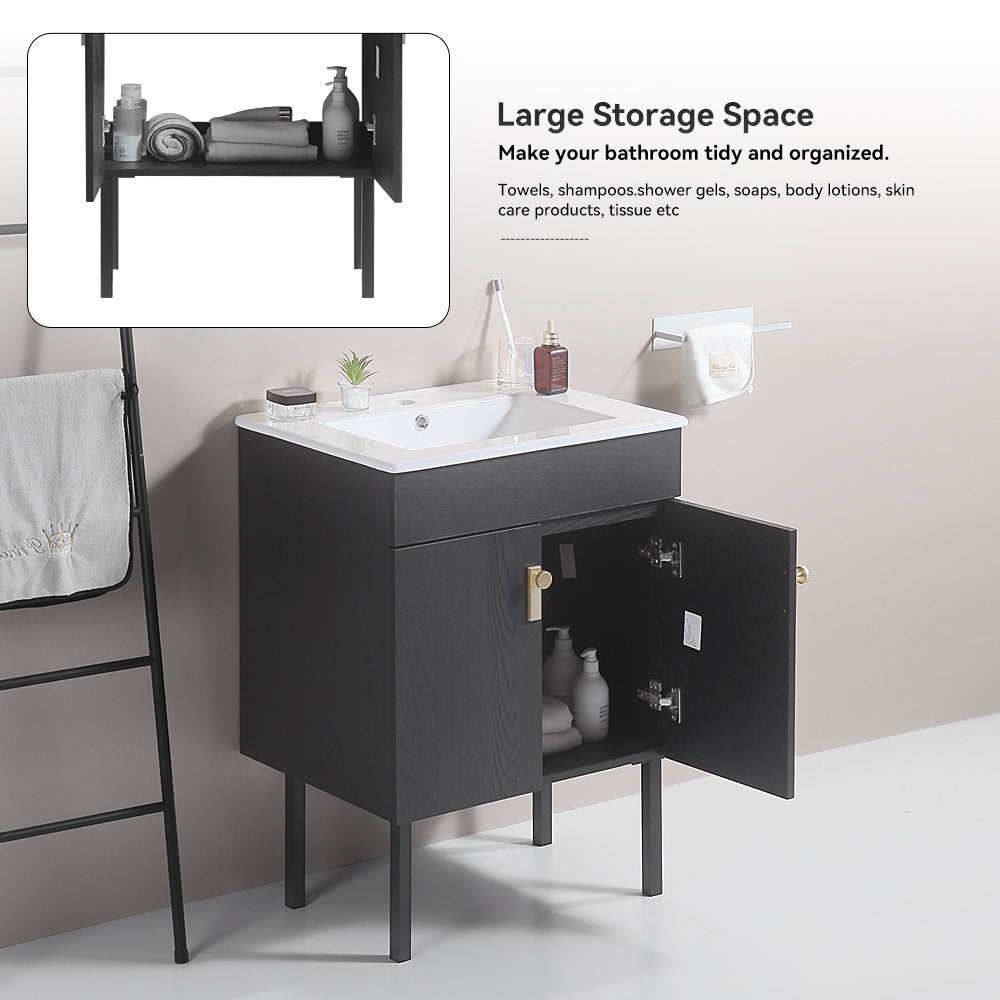 24" Bathroom Vanity with Two Soft Close Cabinet Doors with White Ceramic Basin