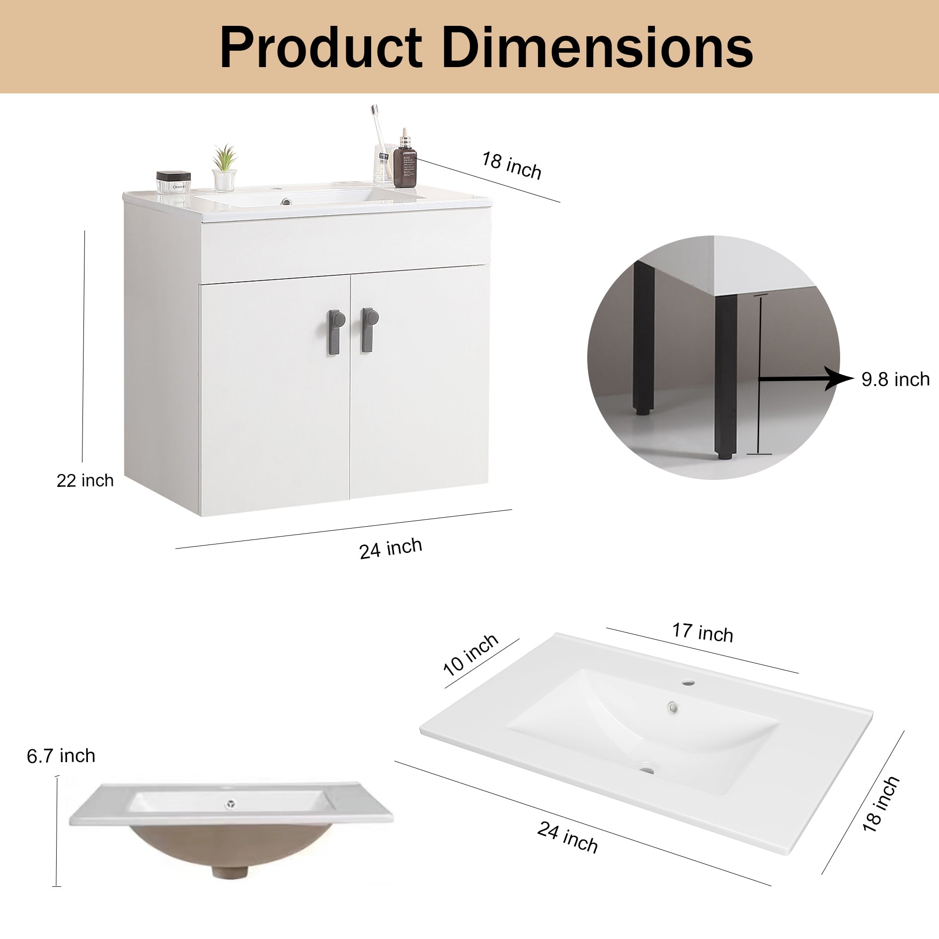 24" Bathroom Vanity with Two Soft Close Cabinet Doors with White Ceramic Basin