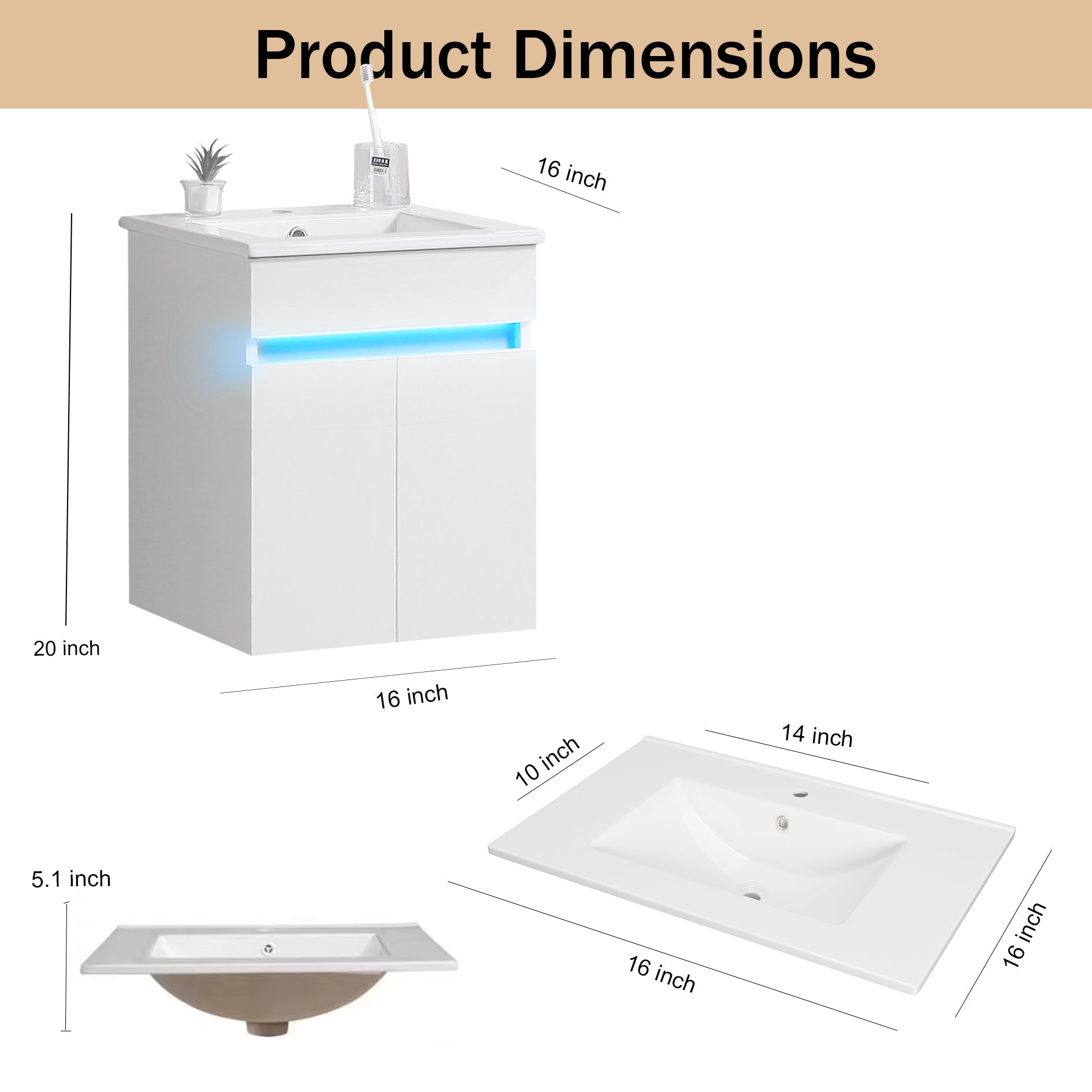16" Bathroom Vanity with Sink,radar sensing light