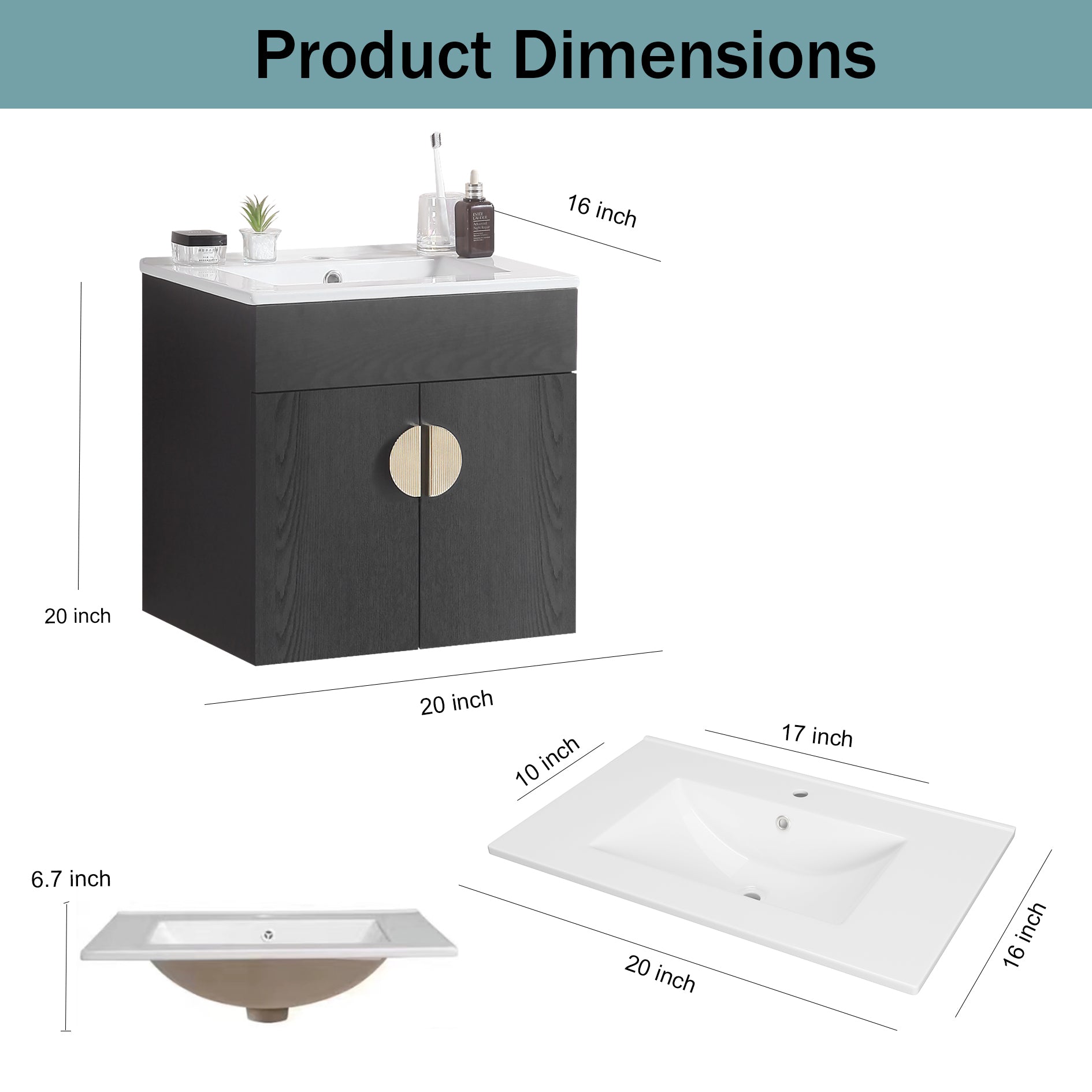 20 Inch Wall Mounted Bathroom Vanity in black with White Ceramic Sink