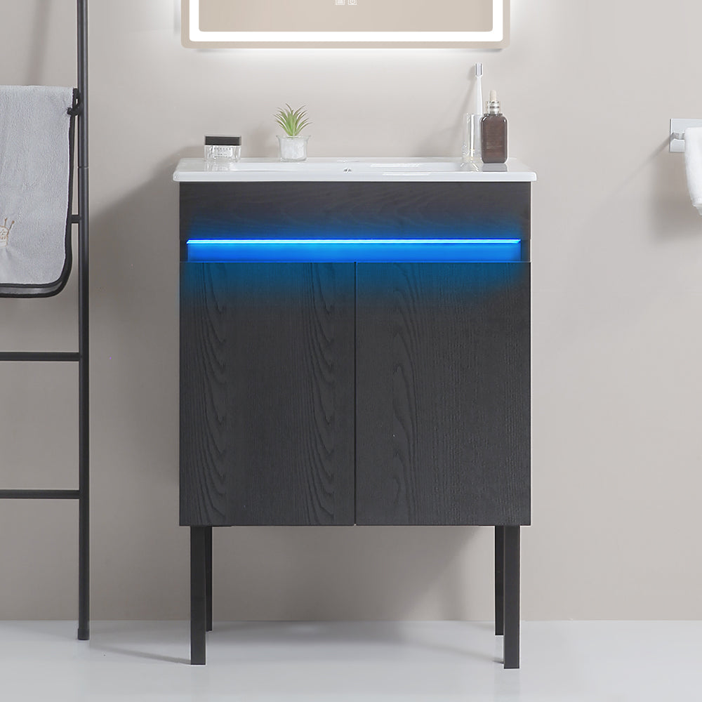 24 Inch Freestanding Bathroom Vanity with Radar Sensing Light with Ceramic Sink