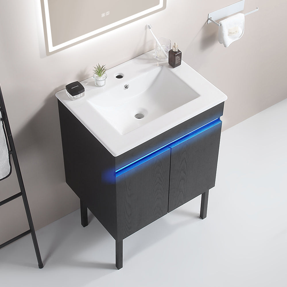 24 Inch Freestanding Bathroom Vanity with Radar Sensing Light with Ceramic Sink