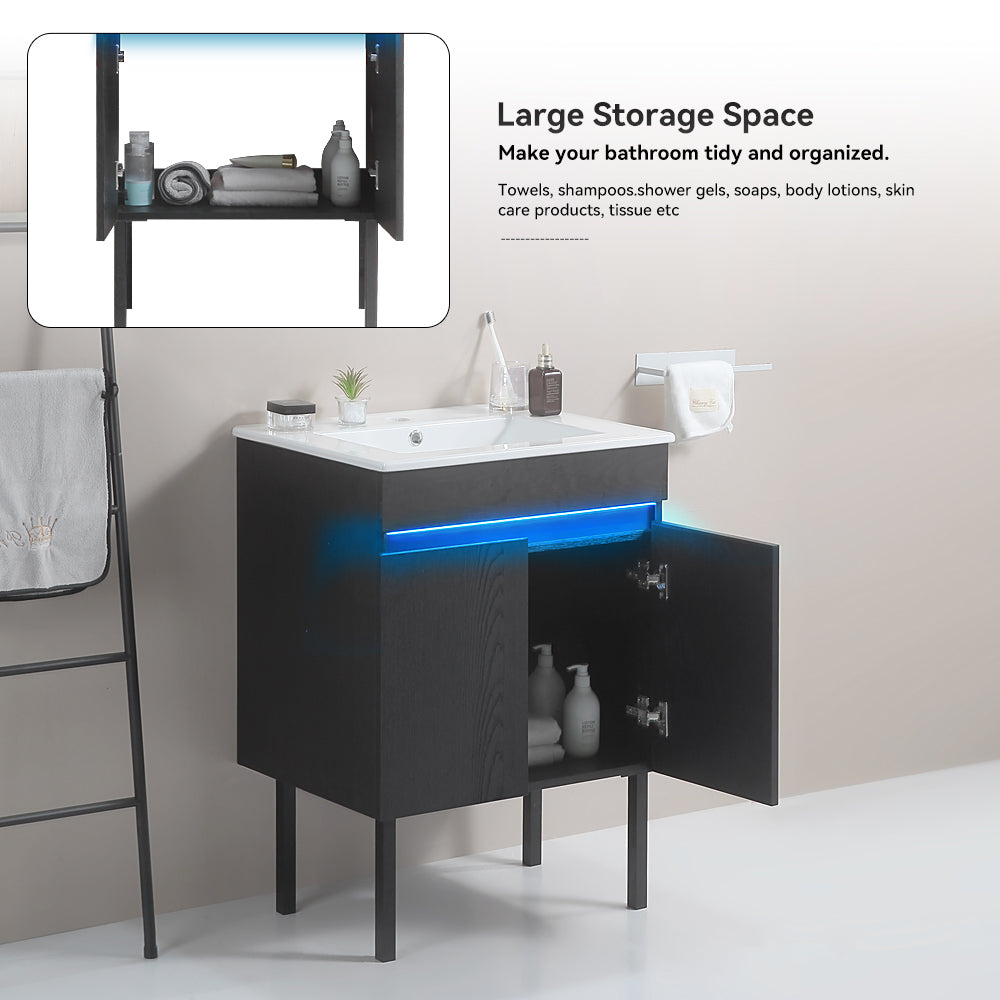 24 Inch Freestanding Bathroom Vanity with Radar Sensing Light with Ceramic Sink