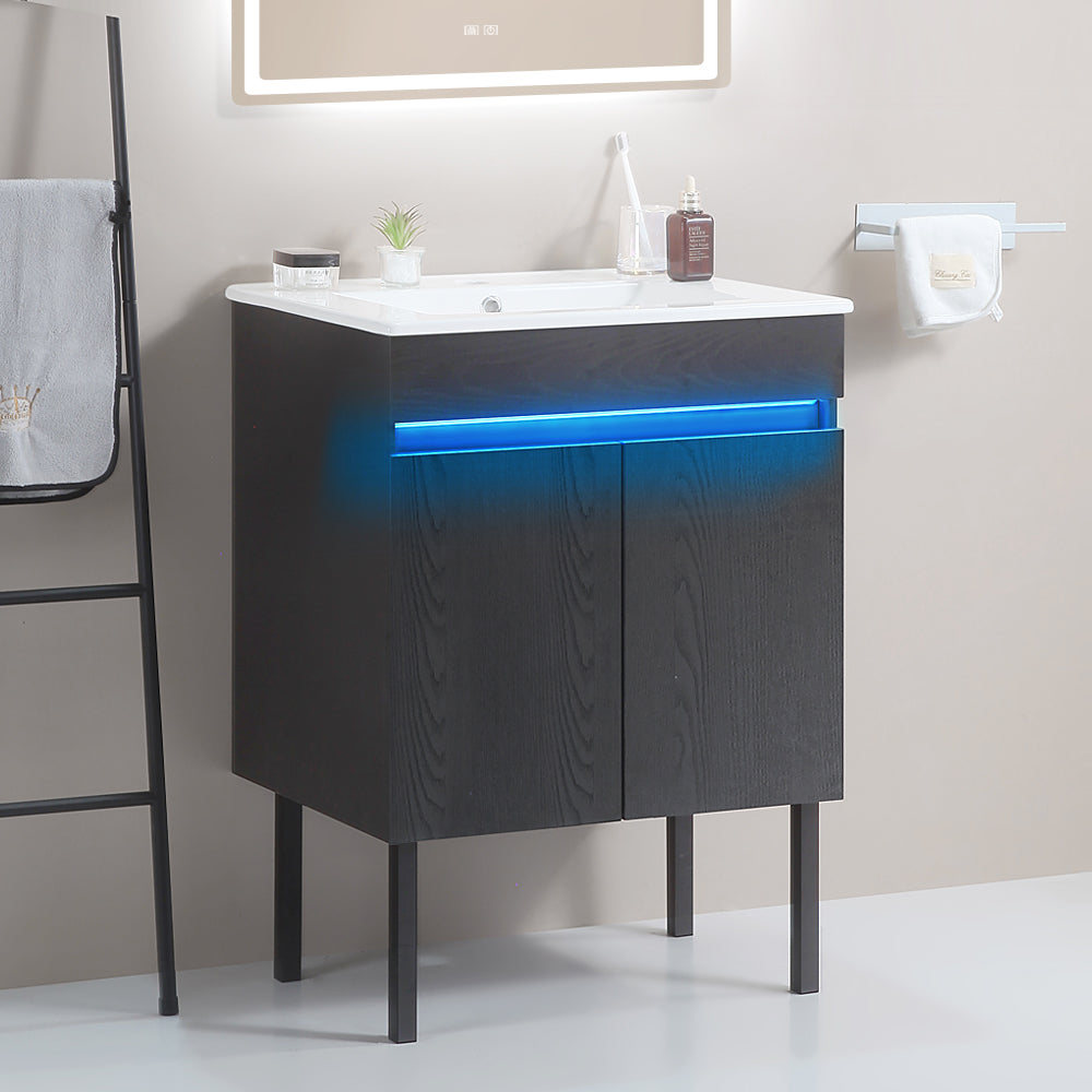 24 Inch Freestanding Bathroom Vanity with Radar Sensing Light with Ceramic Sink