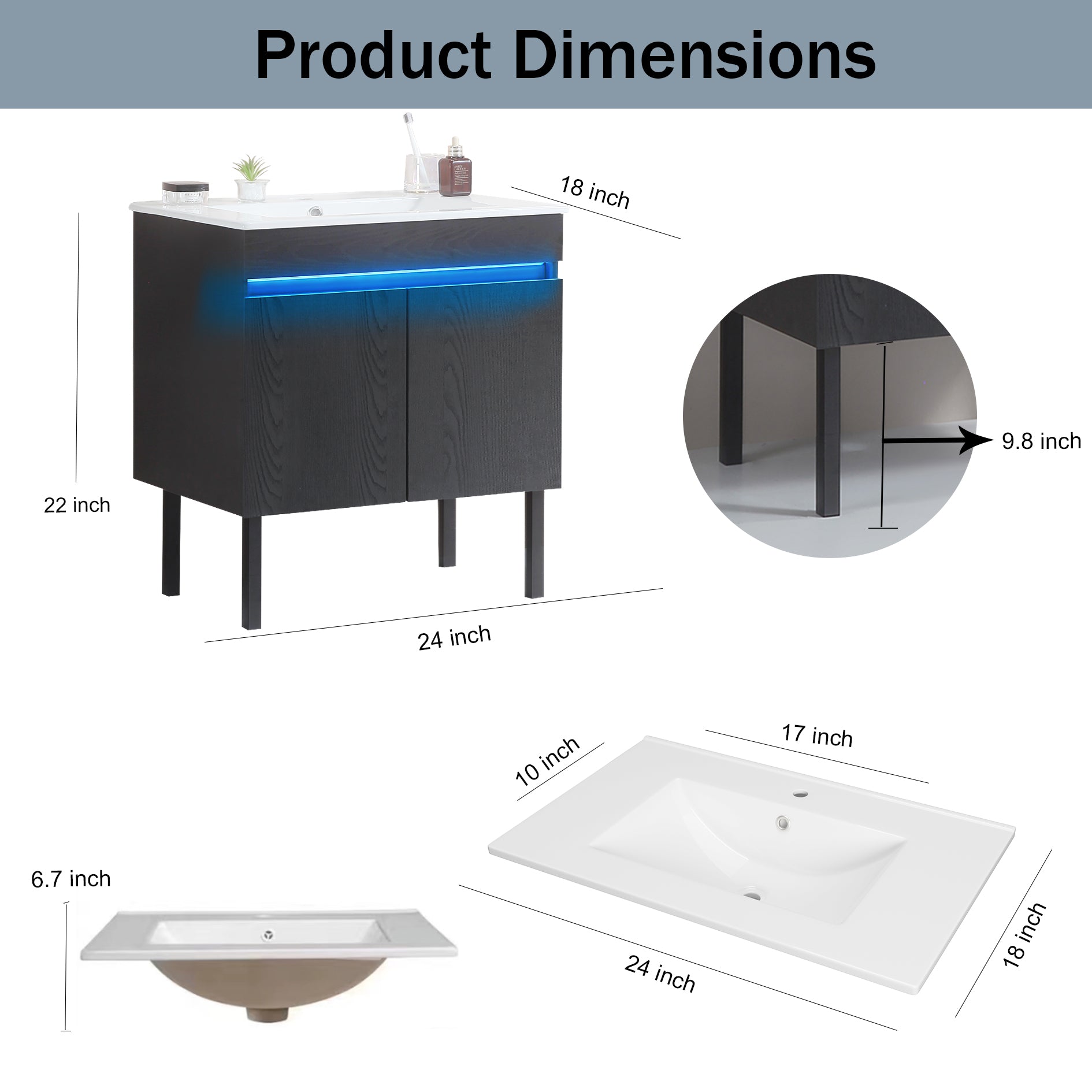 24 Inch Freestanding Bathroom Vanity with Radar Sensing Light with Ceramic Sink