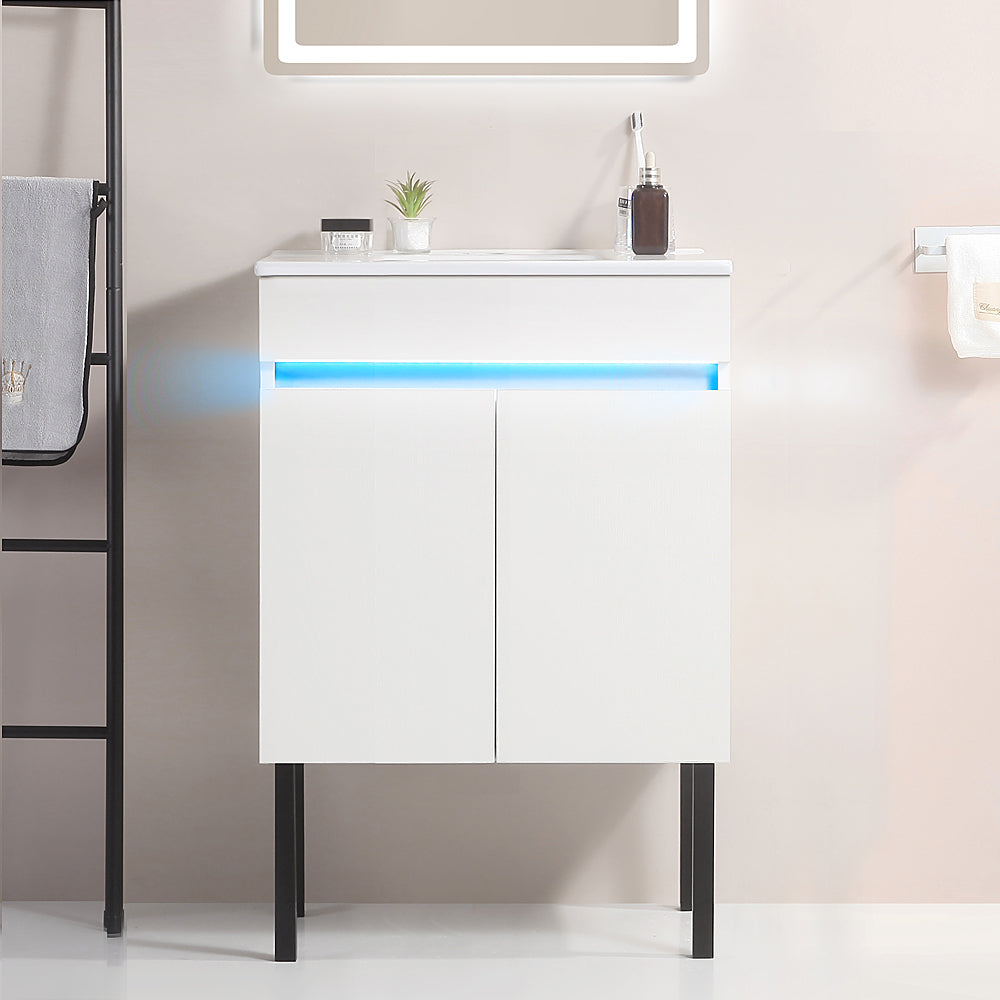 24 Inch Freestanding Bathroom Vanity with Radar Sensing Light with Ceramic Sink