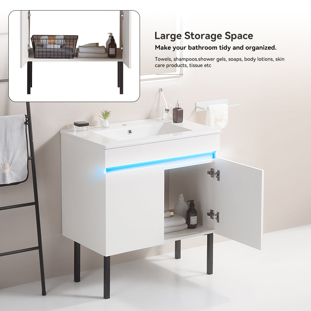 24 Inch Freestanding Bathroom Vanity with Radar Sensing Light with Ceramic Sink