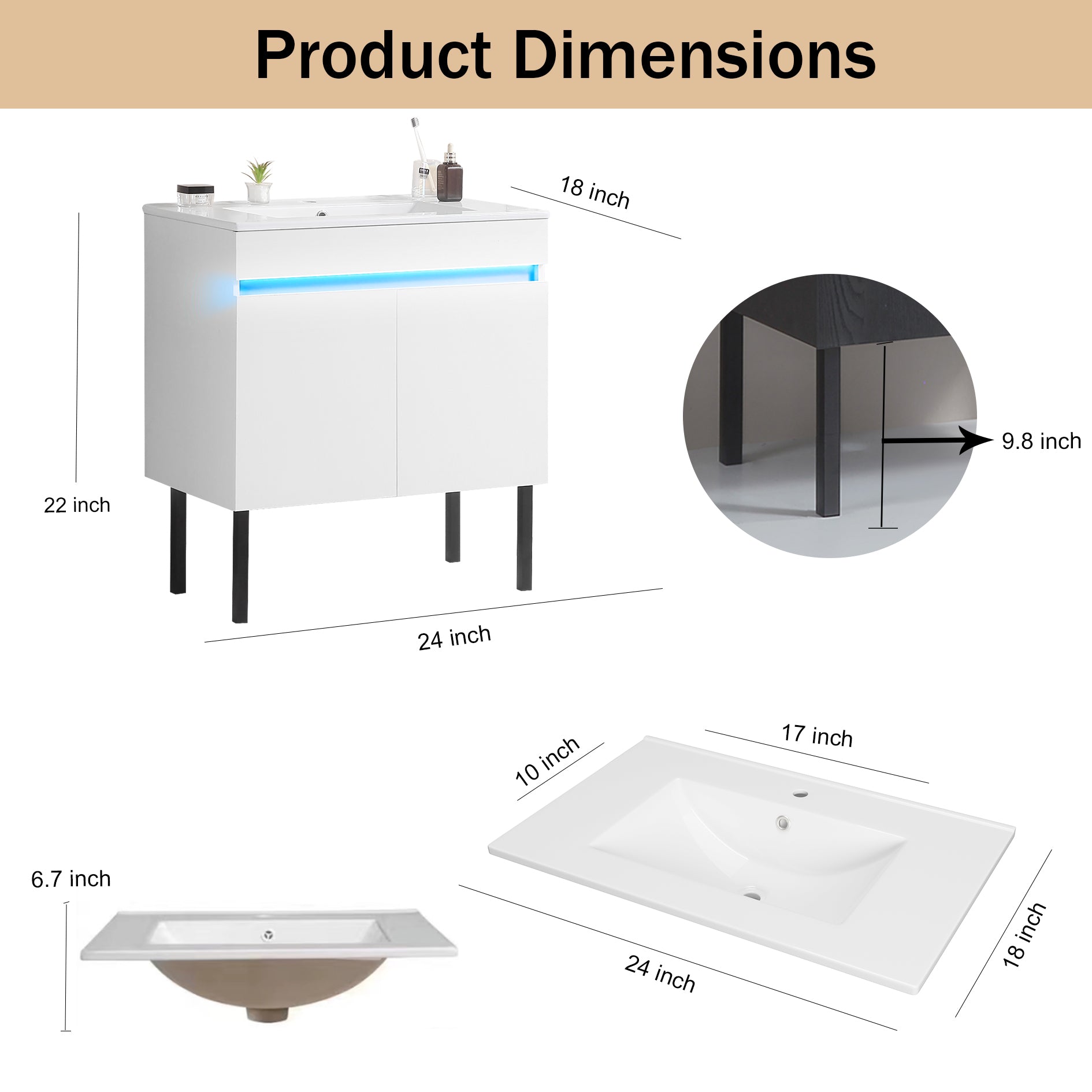 24 Inch Freestanding Bathroom Vanity with Radar Sensing Light with Ceramic Sink