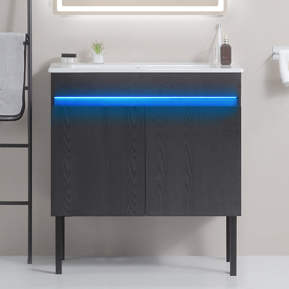 30 Inch Freestanding Bathroom Vanity with Radar Sensing Light with Ceramic Sink