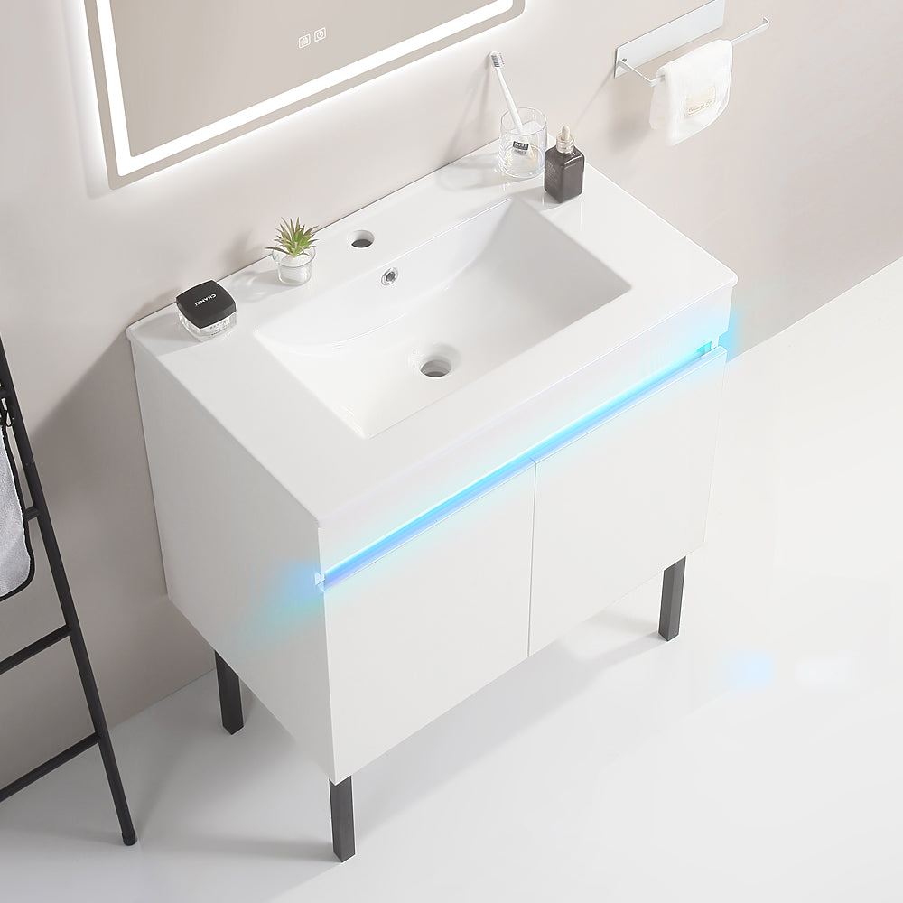 30 Inch Freestanding Bathroom Vanity with Radar Sensing Light with Ceramic Sink