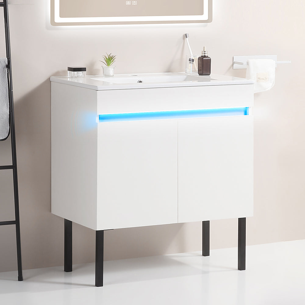 30 Inch Freestanding Bathroom Vanity with Radar Sensing Light with Ceramic Sink