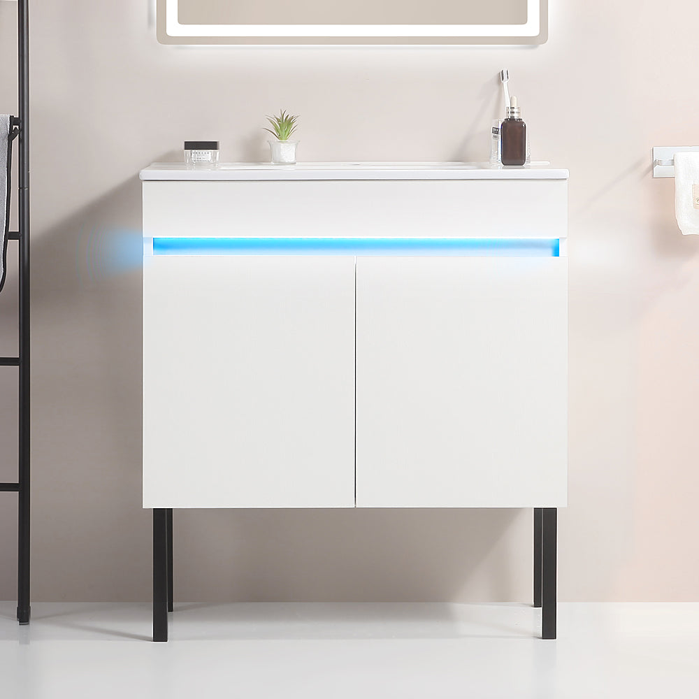 30 Inch Freestanding Bathroom Vanity with Radar Sensing Light with Ceramic Sink