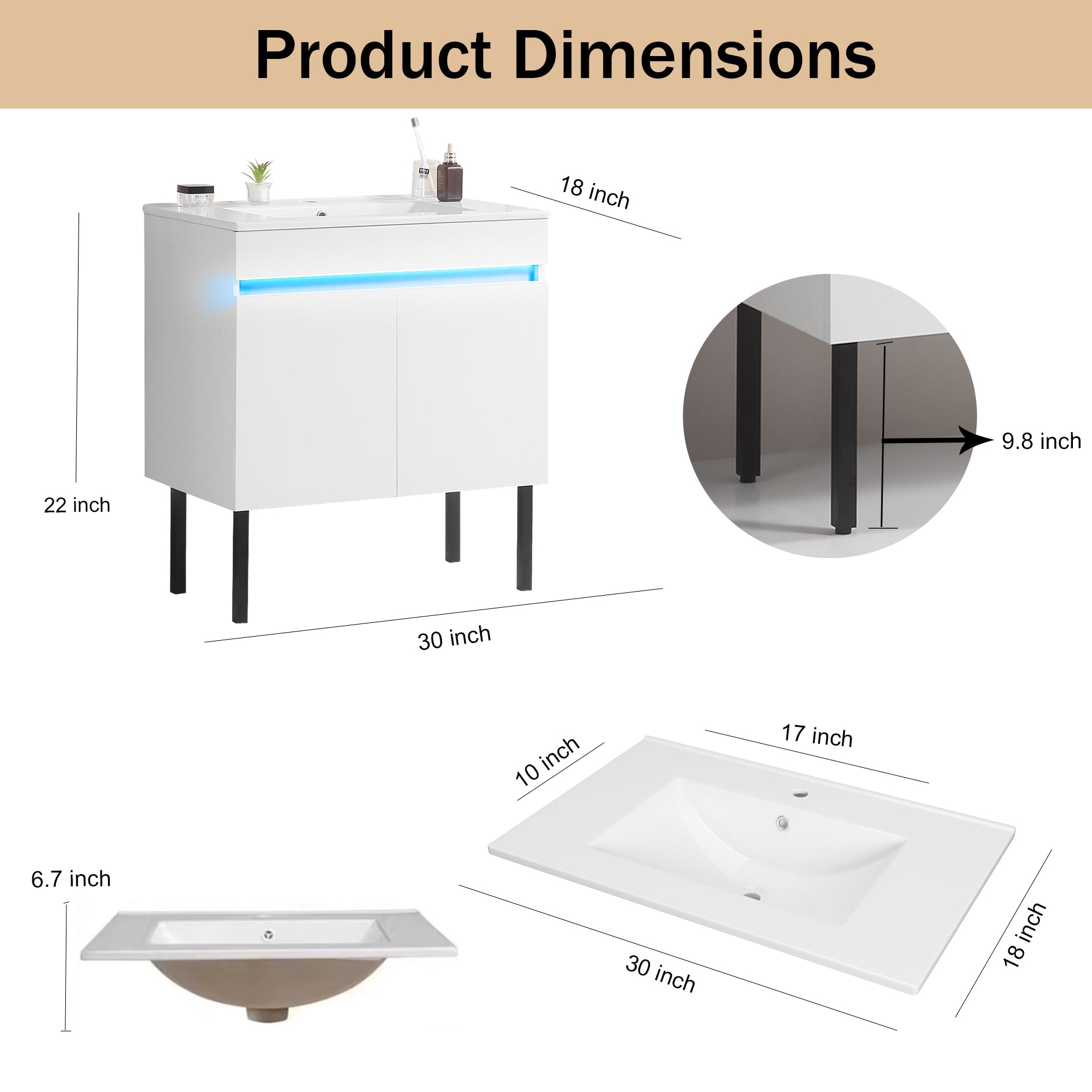 30 Inch Freestanding Bathroom Vanity with Radar Sensing Light with Ceramic Sink