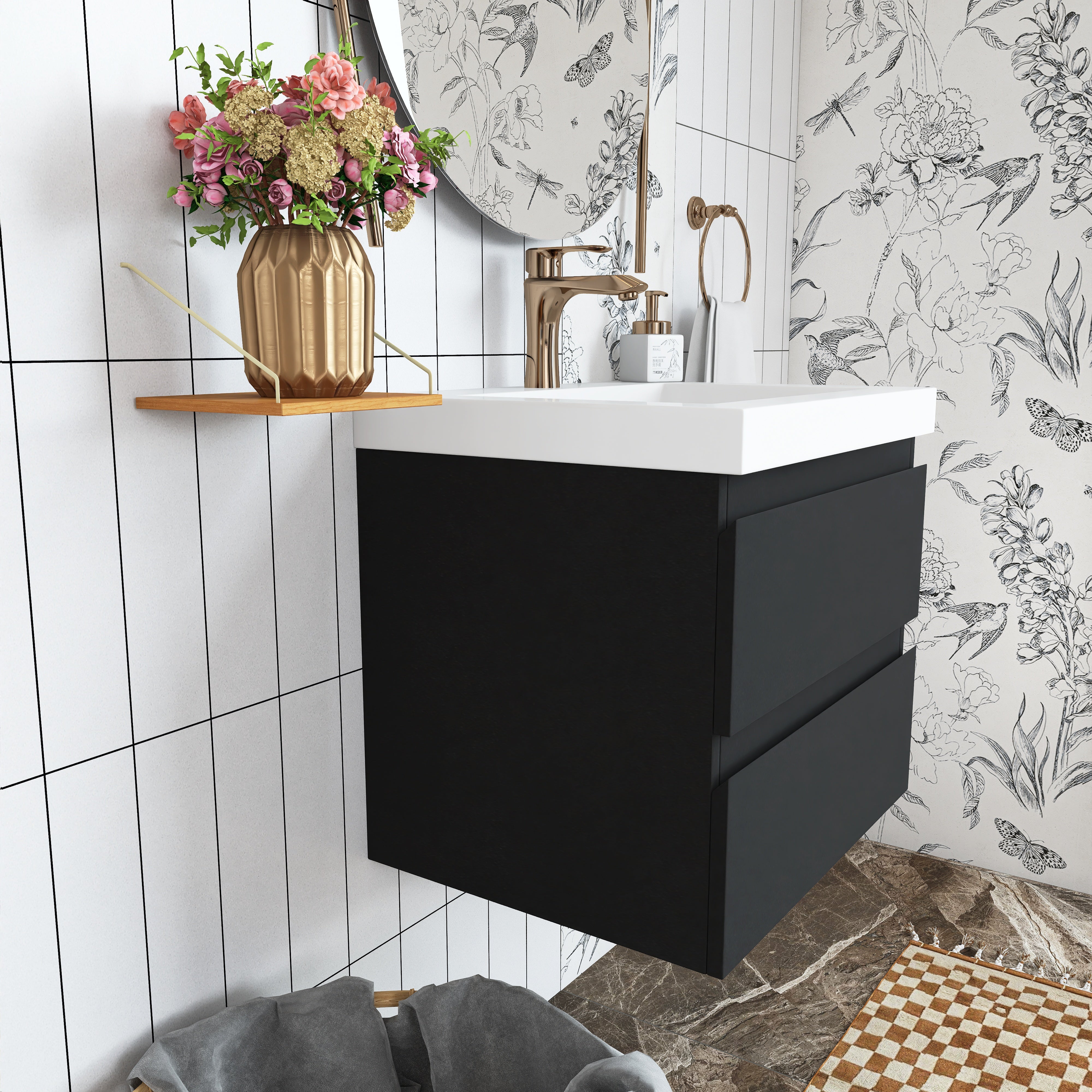 Wall Mounted Bathroom Vanity in Black with Cultured Marble Sink