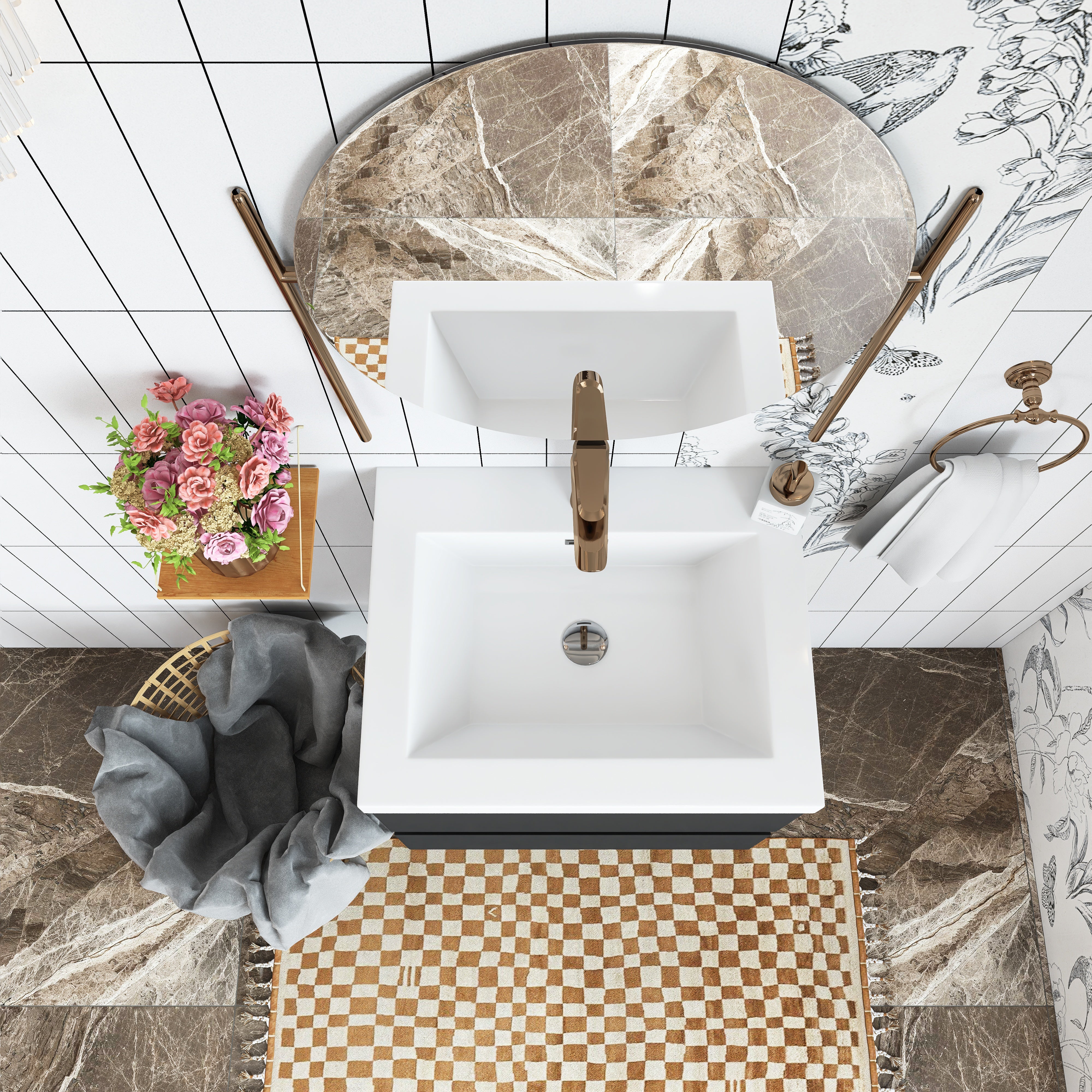 Wall Mounted Bathroom Vanity in Black with Cultured Marble Sink