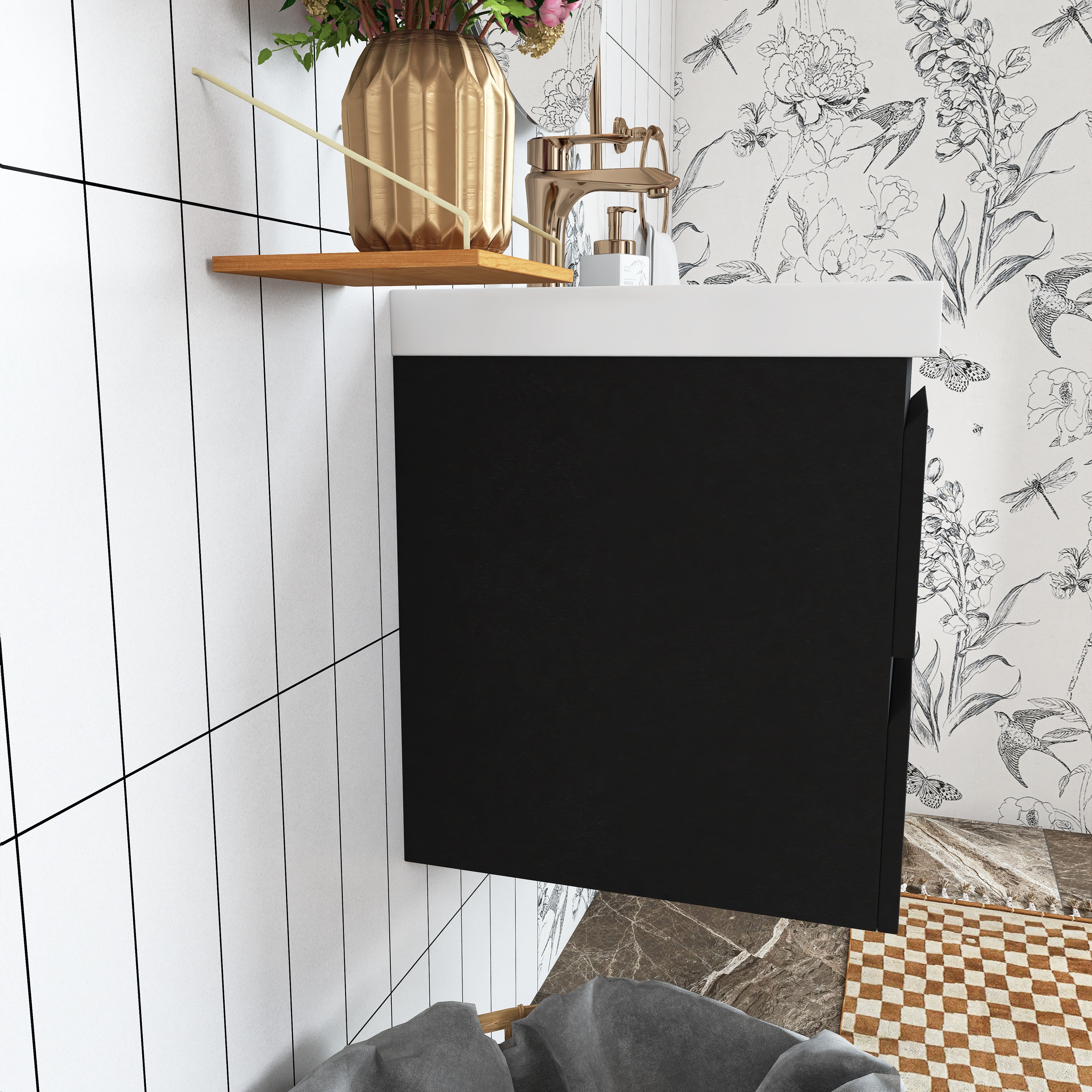 Wall Mounted Bathroom Vanity in Black with Cultured Marble Sink