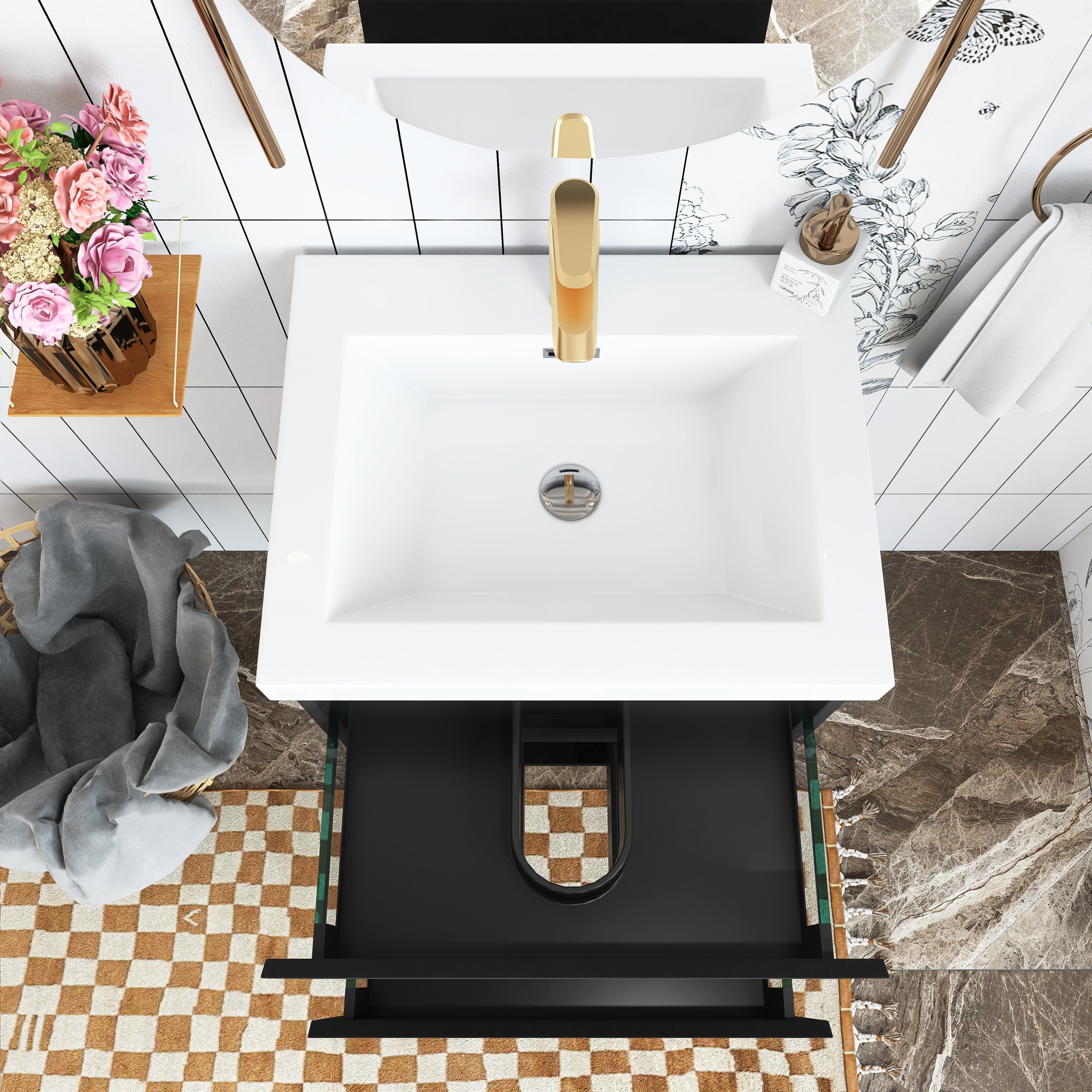 Wall Mounted Bathroom Vanity in Black with Cultured Marble Sink