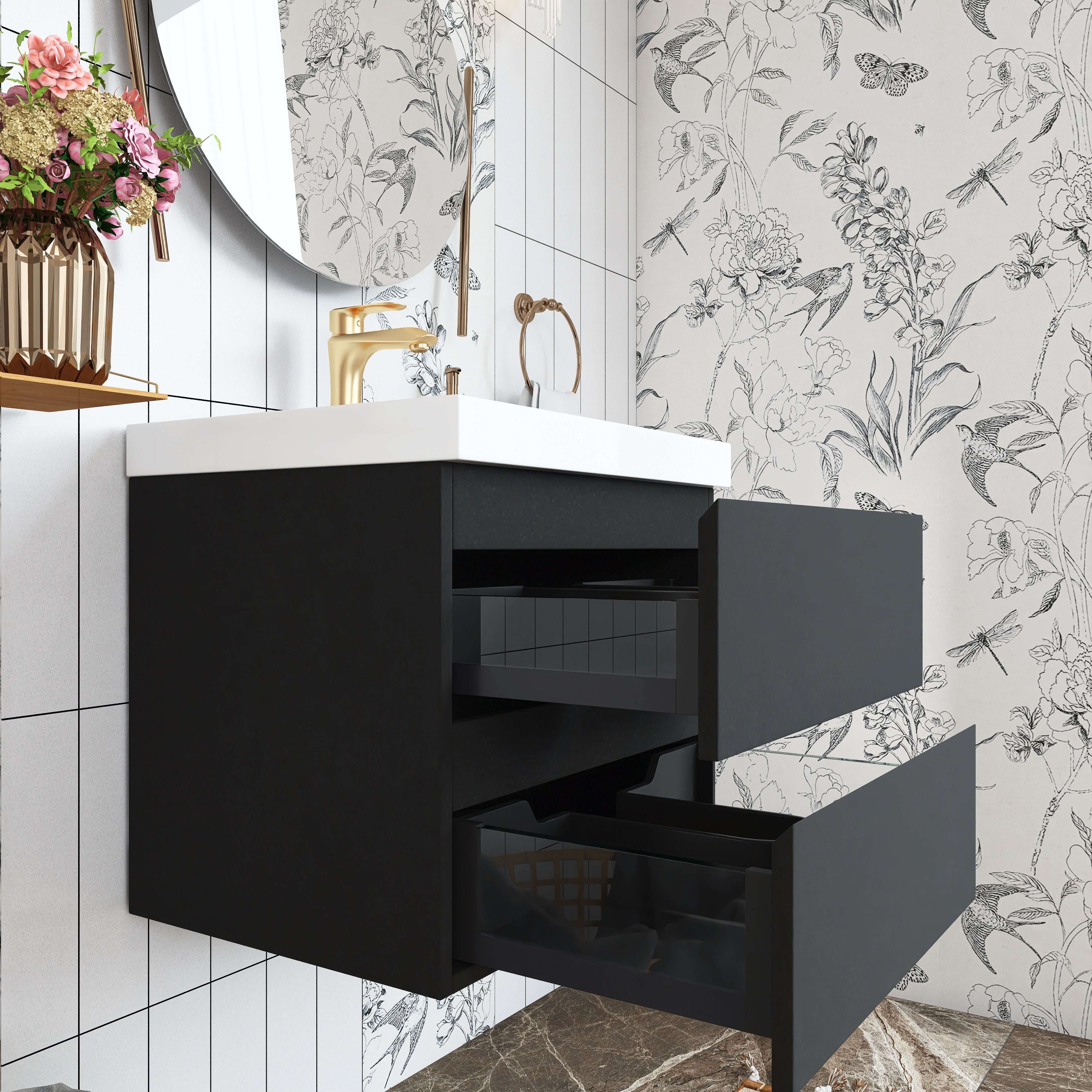 Wall Mounted Bathroom Vanity in Black with Cultured Marble Sink