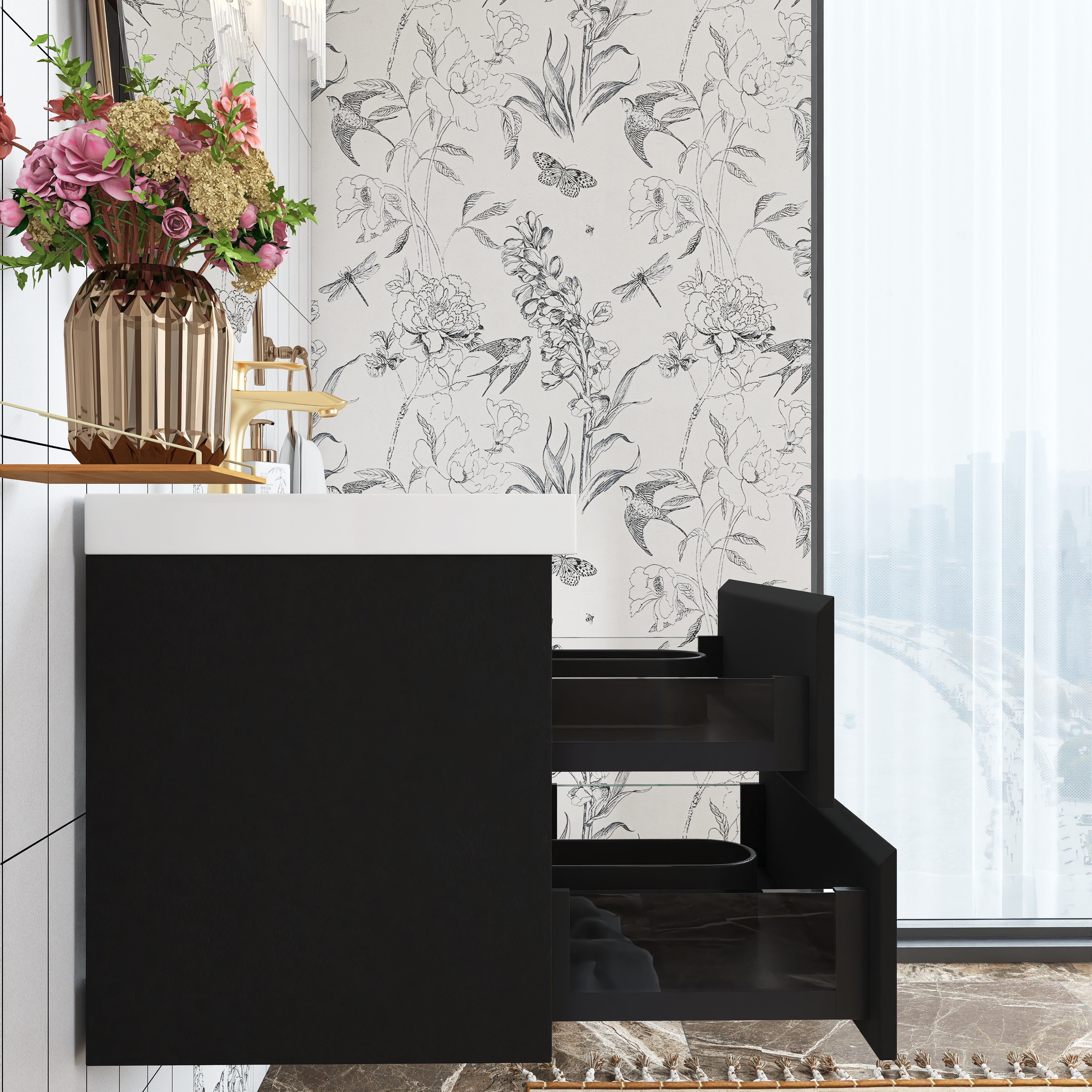 Wall Mounted Bathroom Vanity in Black with Cultured Marble Sink