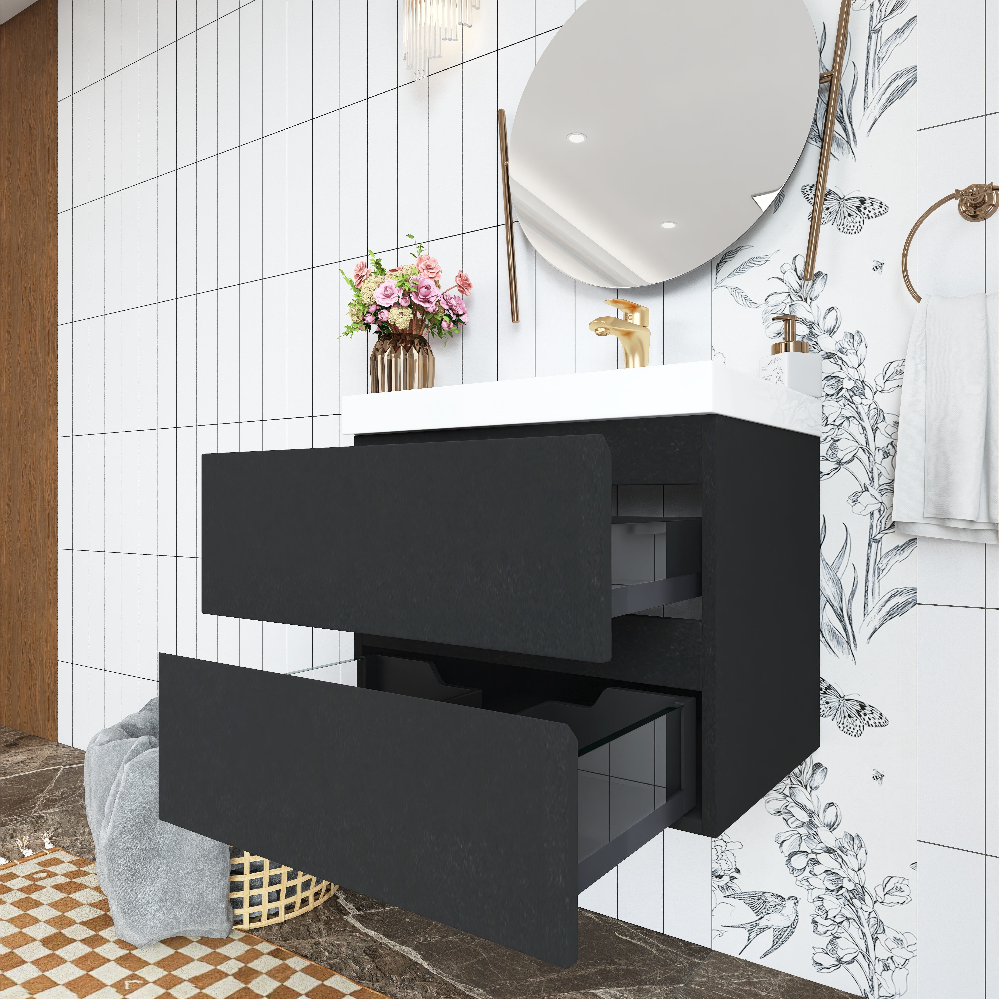 Wall Mounted Bathroom Vanity in Black with Cultured Marble Sink